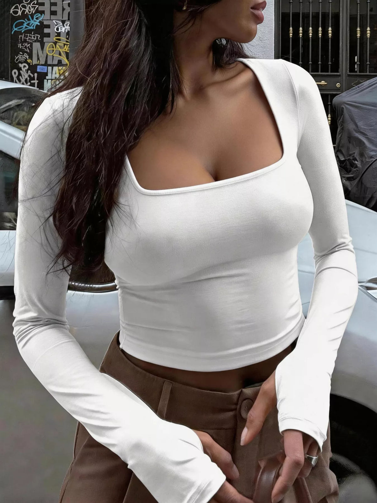 T-Shirt Crop Col Carré Manches Longues