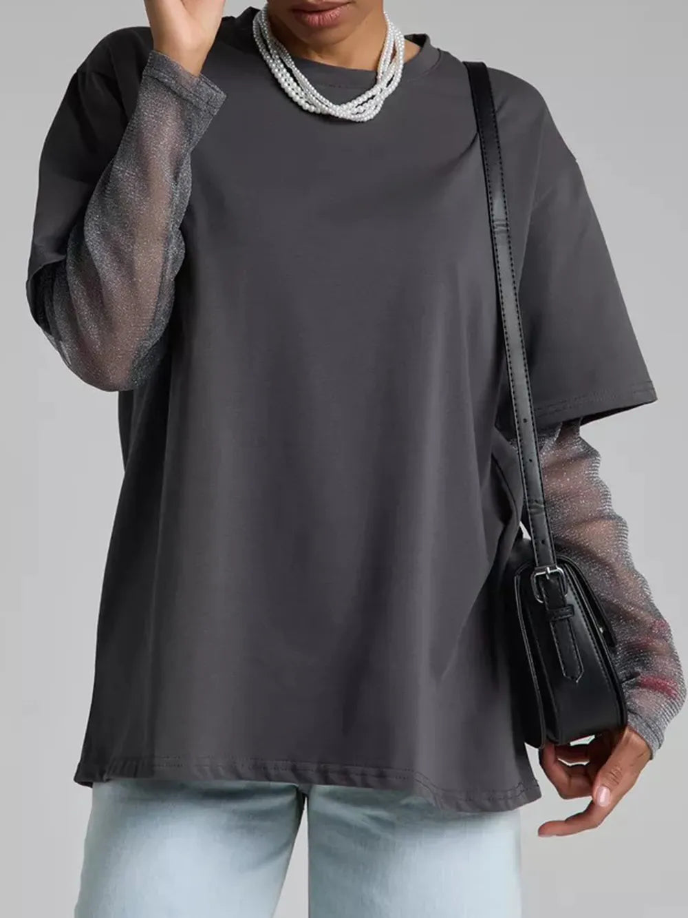 Top Col Rond Effet Superposé Manches en Mesh