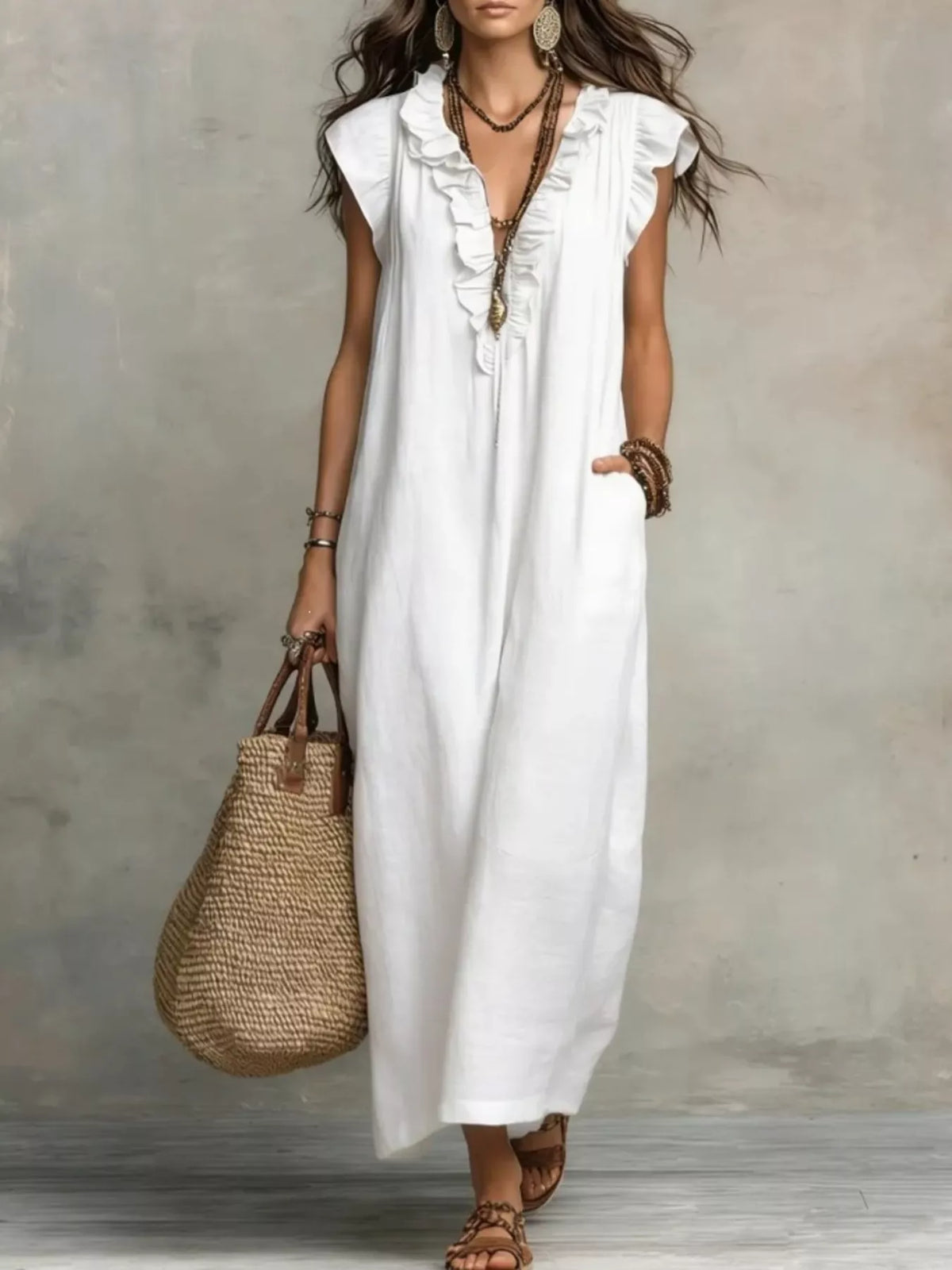 Robe Maxi Col en V Volantée