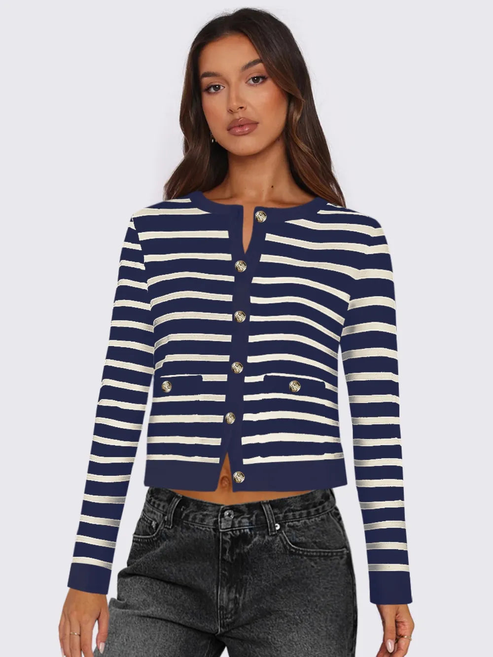 Cardigan Rayé Boutonné Col Rond Manches Longues