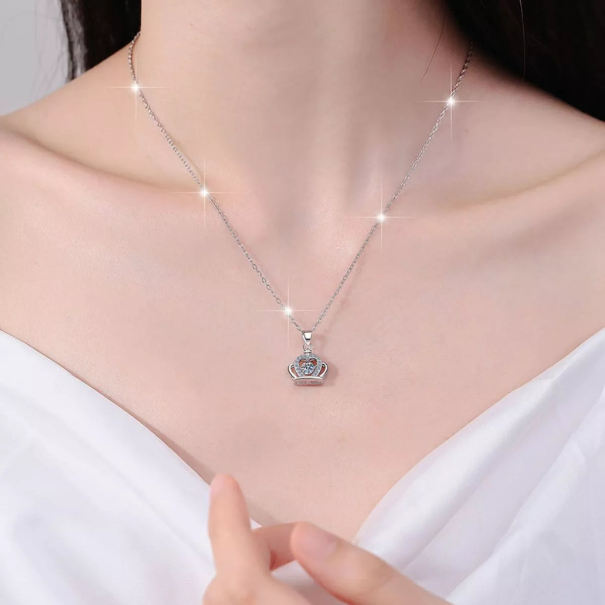 Collier Pendentif Couronne Zircon Argent Sterling 925