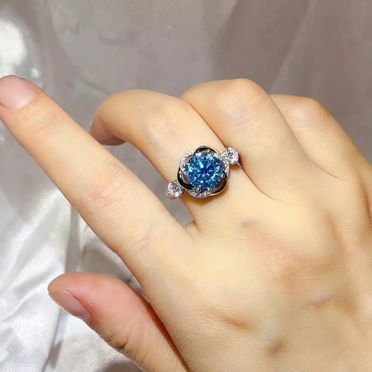 Bague Moissanite 3 Carats Argent Sterling 925 – Ronde Bleue