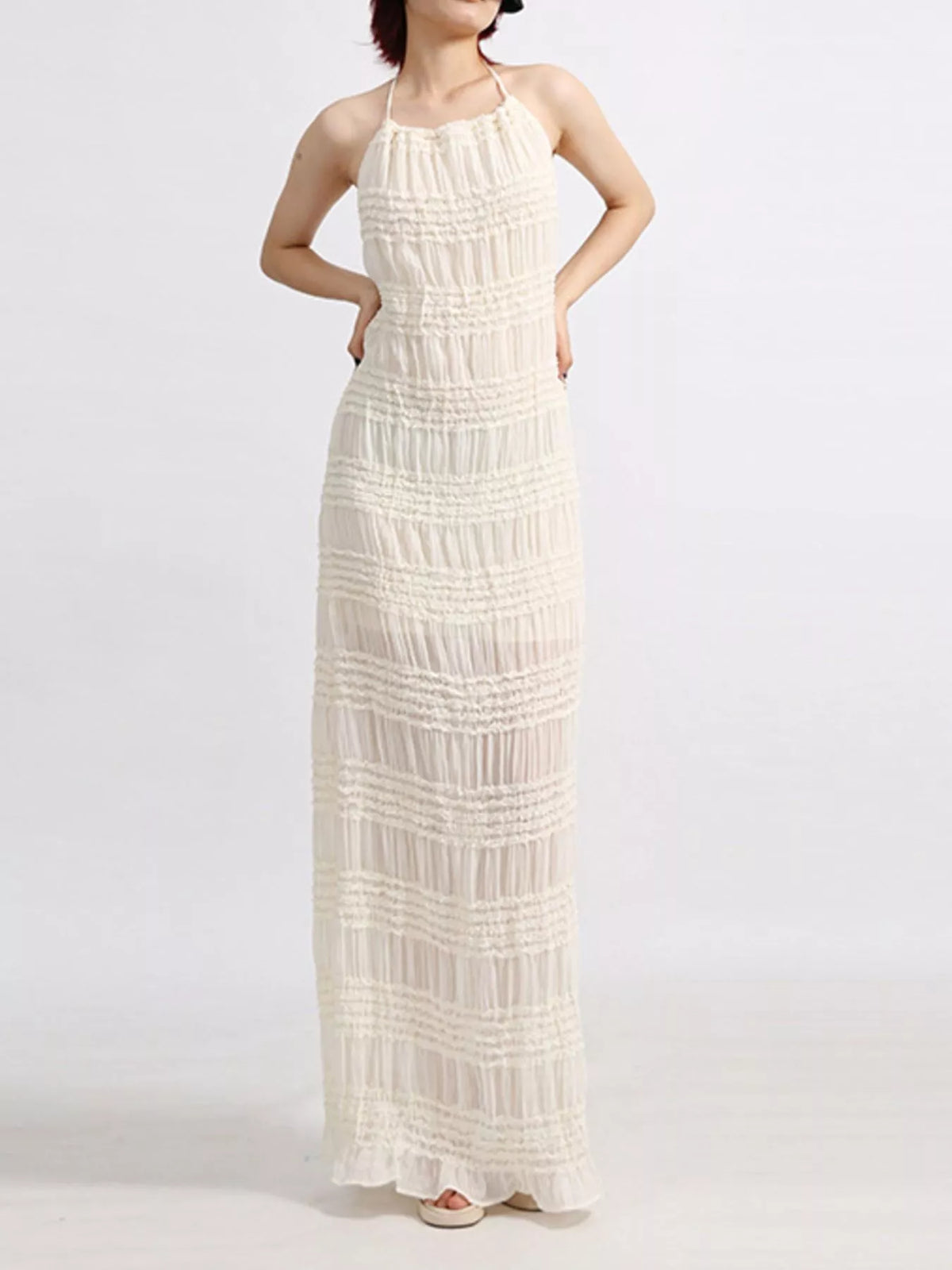 Robe Maxi Dos Nu Froncée Col Halter – Maille Texturée