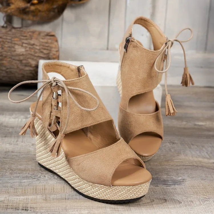 Sandales Compensées Bout Ouvert – Lacets Effet Daim