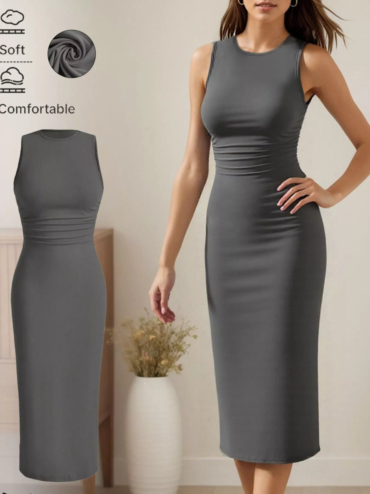 Robe Midi Col Rond Sans Manches