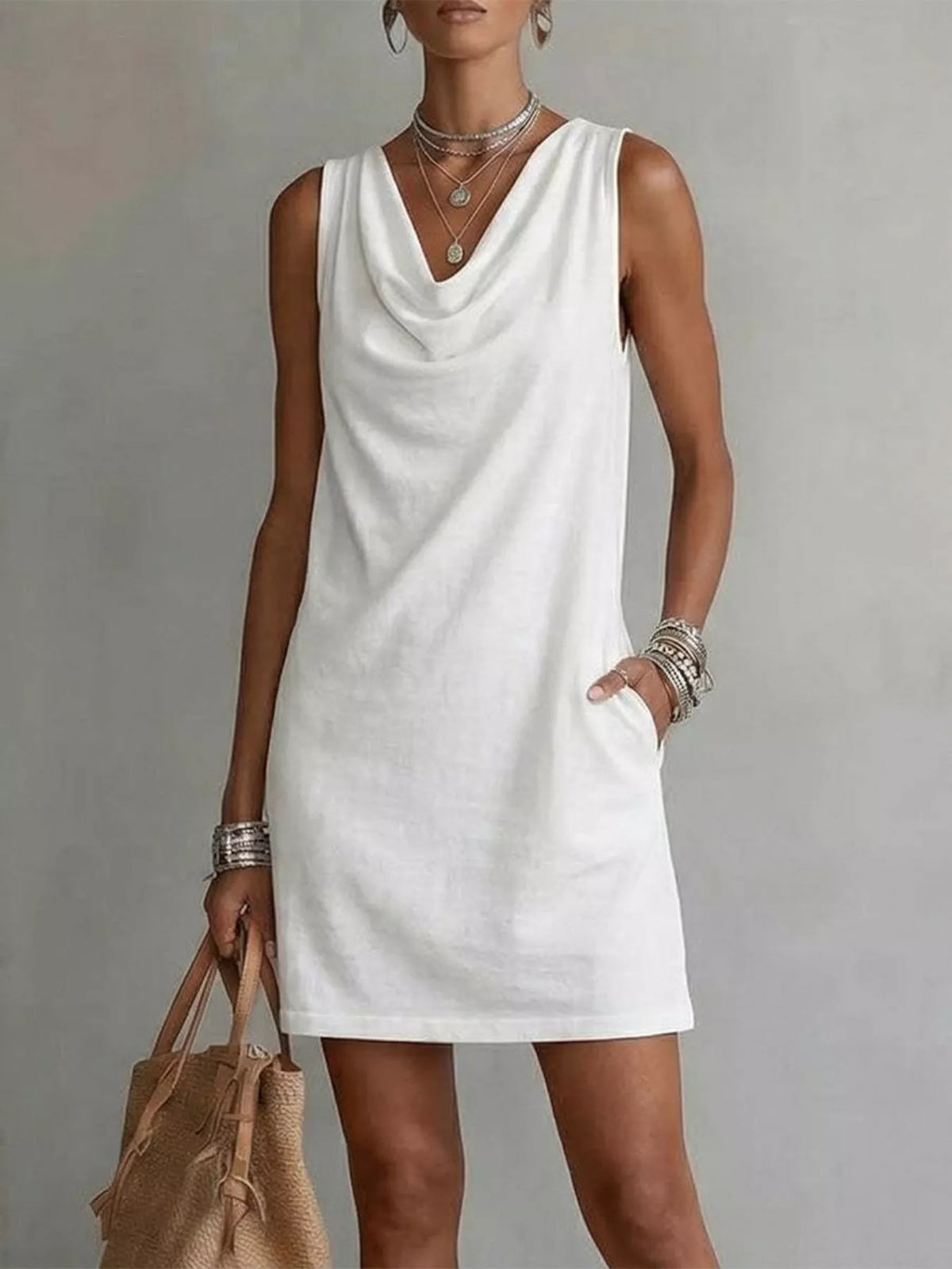 Robe Mini Décontractée Sans Manches Col Bénitier