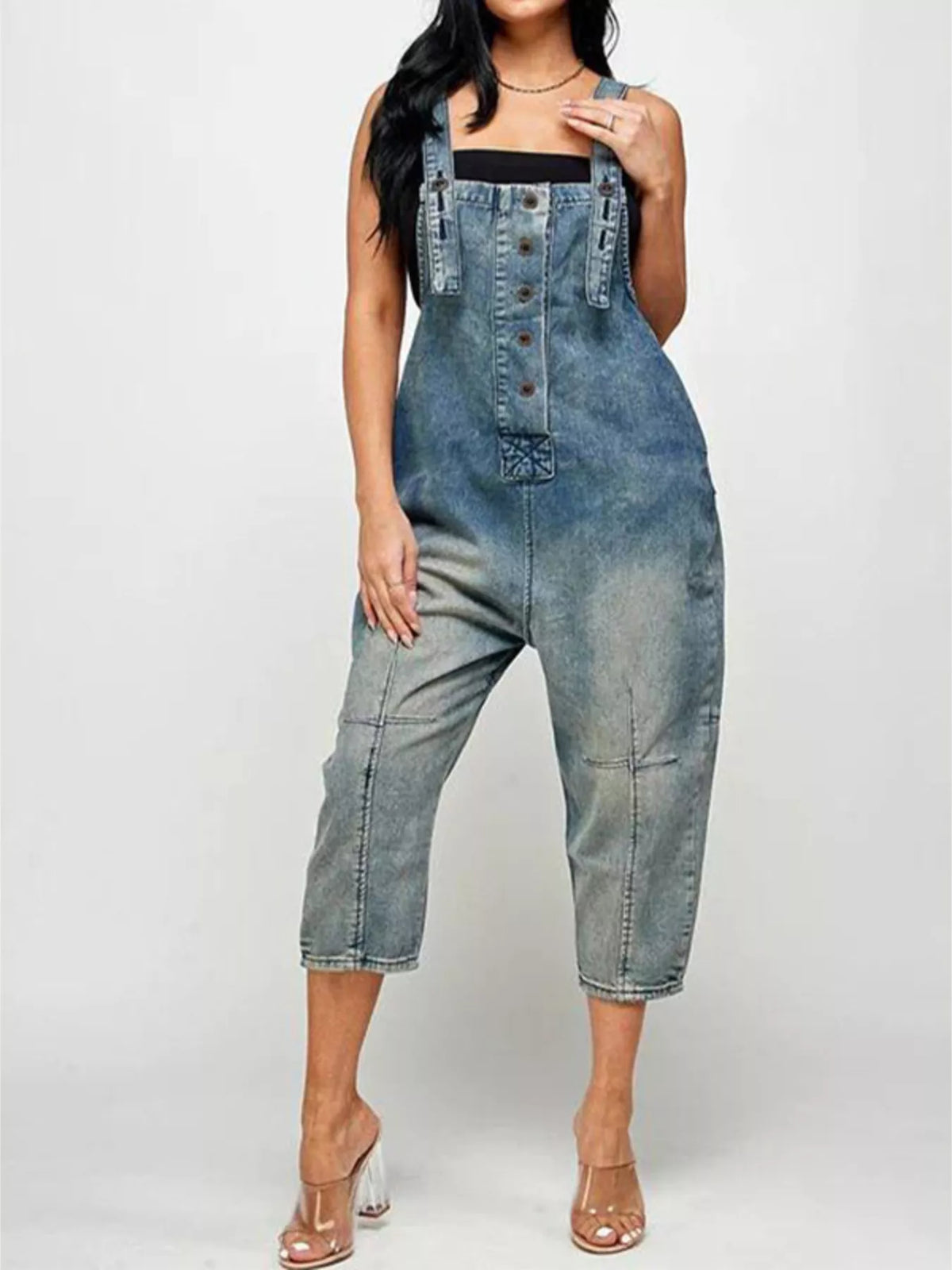 Salopette en Jean Grande Taille Boutonnée à Poches