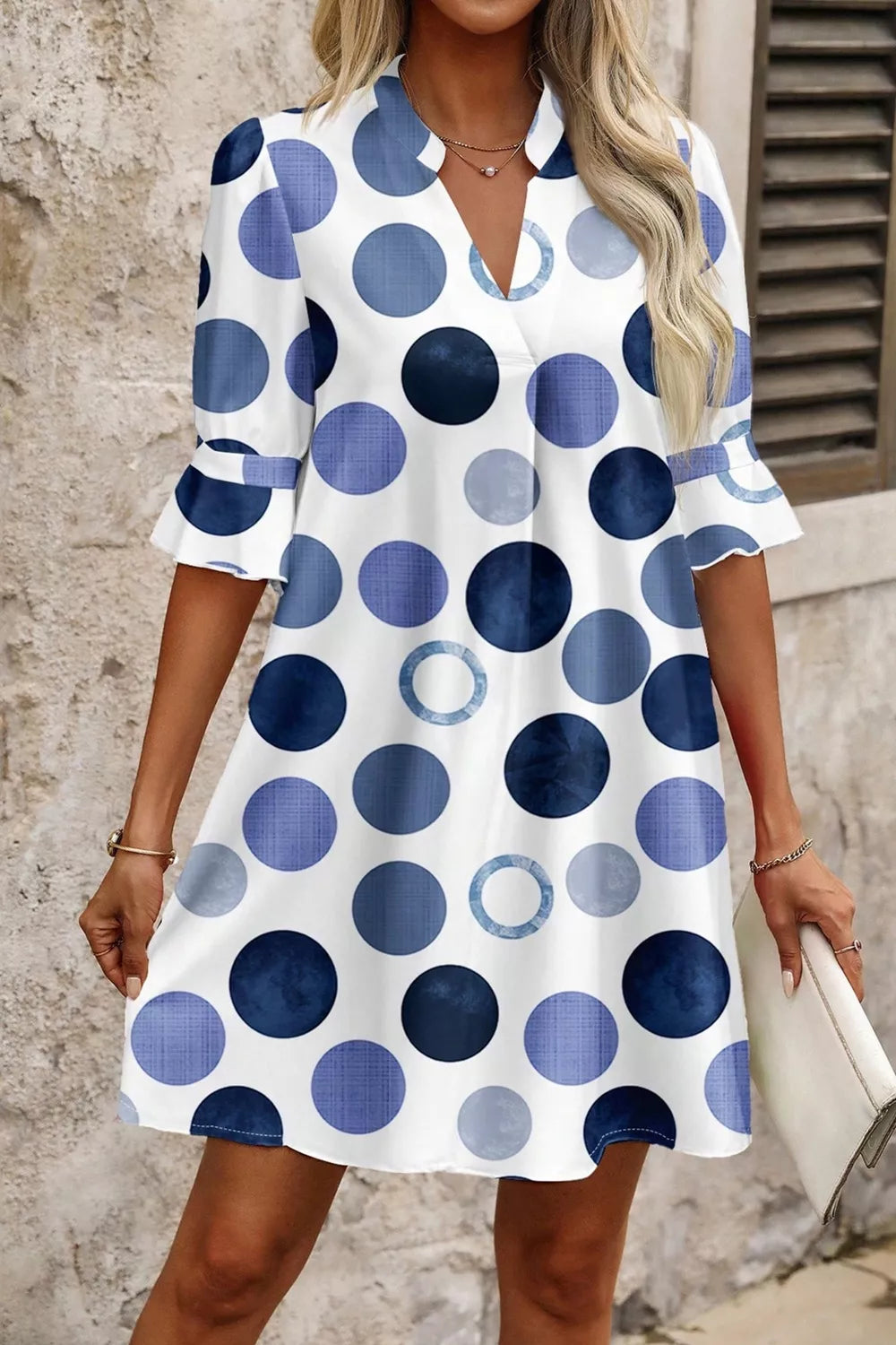 Robe Mini Décontractée à Pois Volantée Manches Courtes
