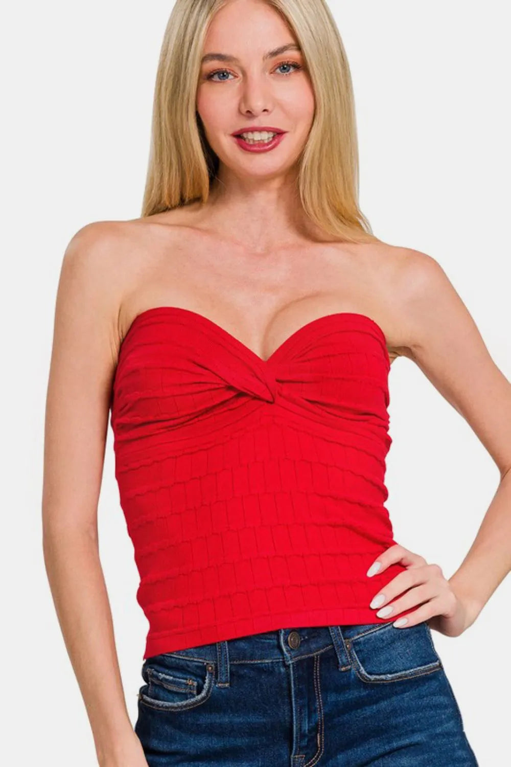 Top Col Cœur Torsadé Froncé – Rouge