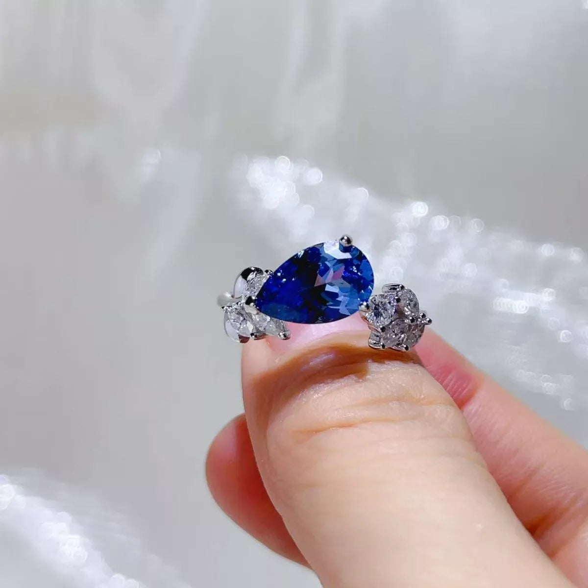 Bague Moissanite 3 Carats Argent Sterling 925 – Poire Bleu Roi