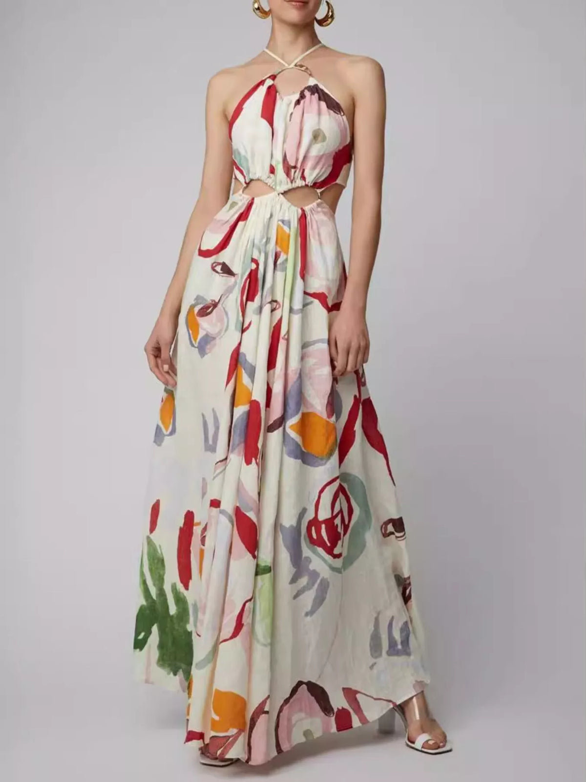 Robe Maxi Imprimée Col Halter Découpée