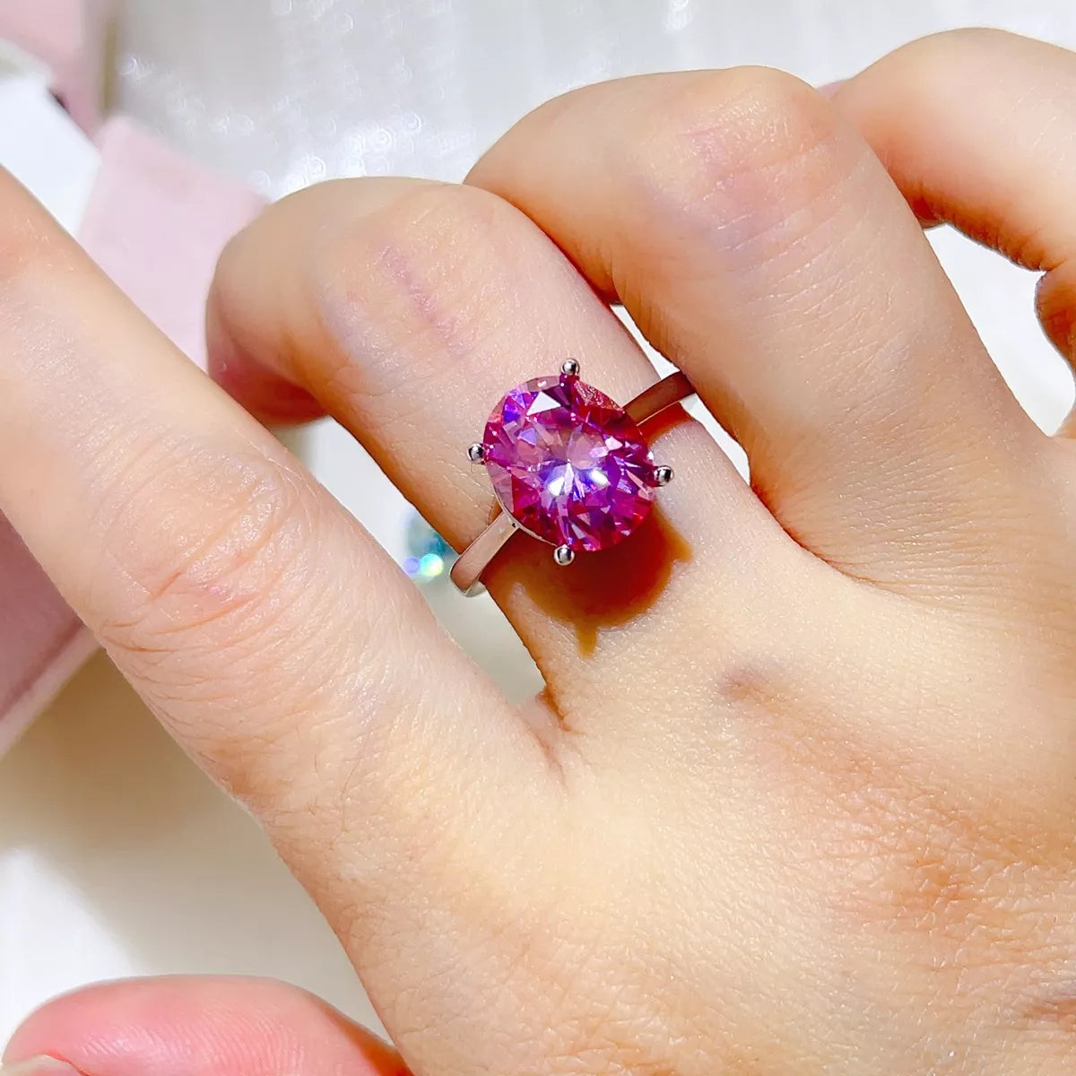 Bague Moissanite 5 Carats Argent Sterling 925 – Ovale Rose Fuchsia