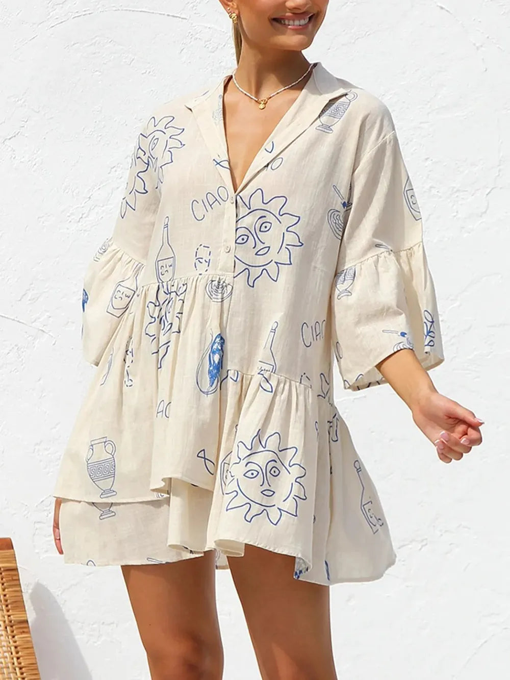 Robe Mini Imprimée à Boutons