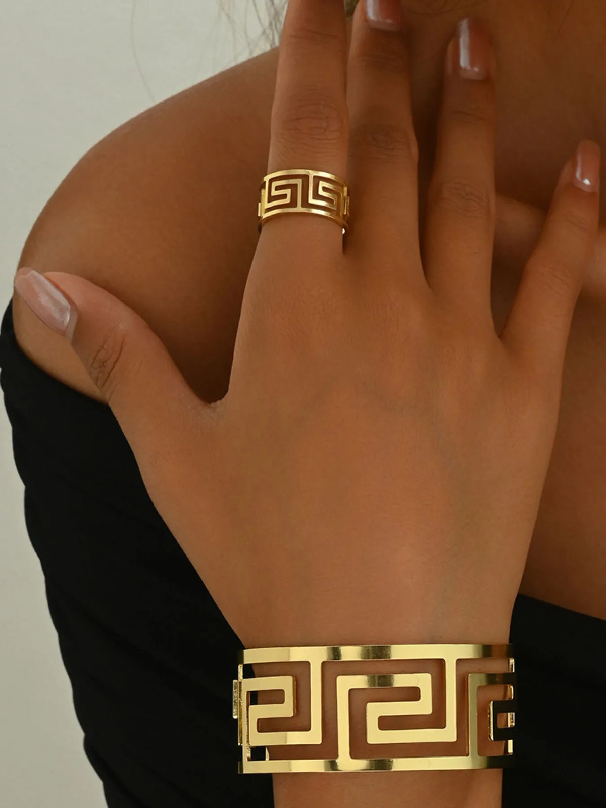 Ensemble Bracelet et Bague Géométrique Plaqué Or 18K