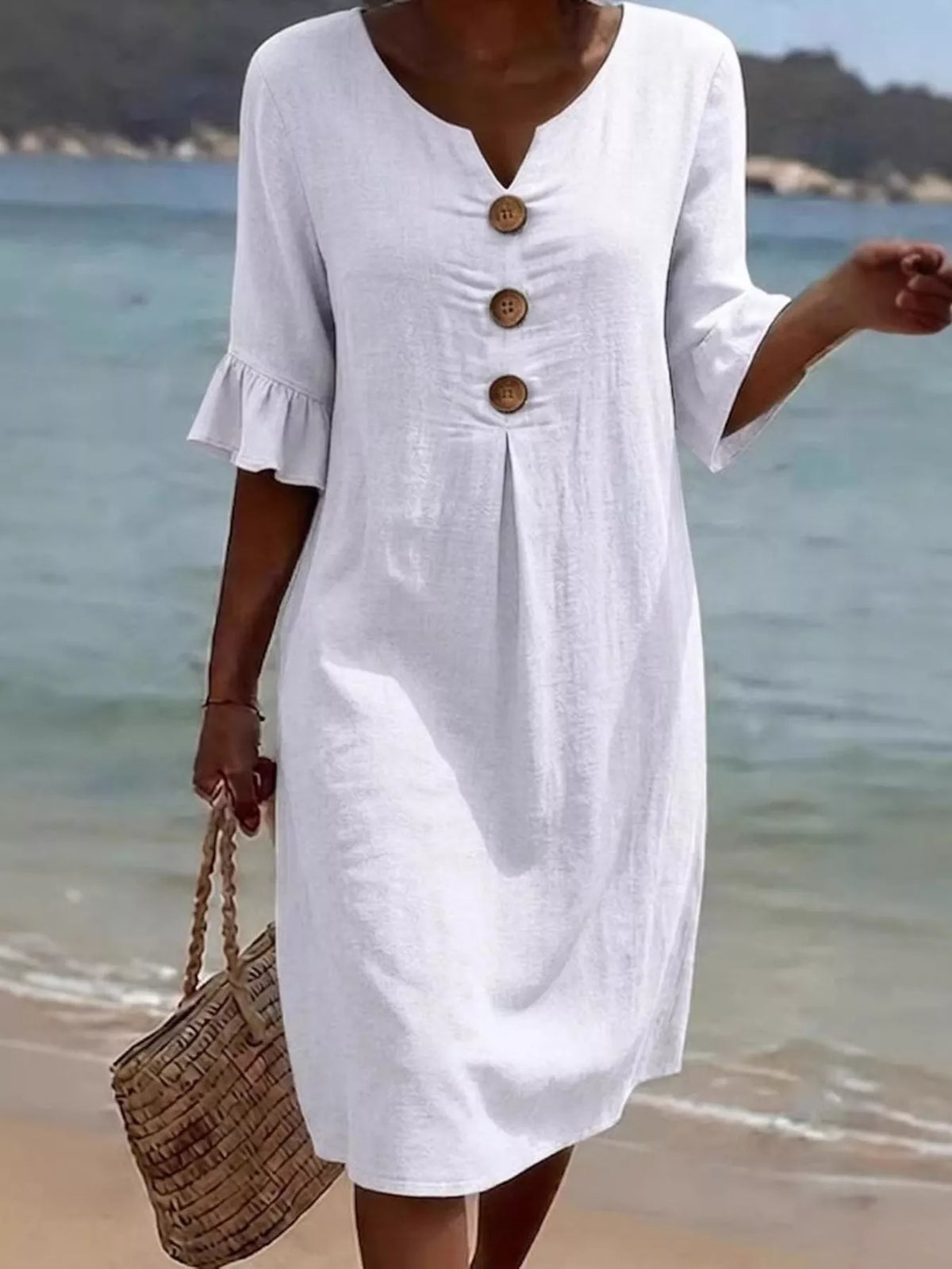 Robe Midi Grande Taille Boutons Décoratifs Manches Volantées