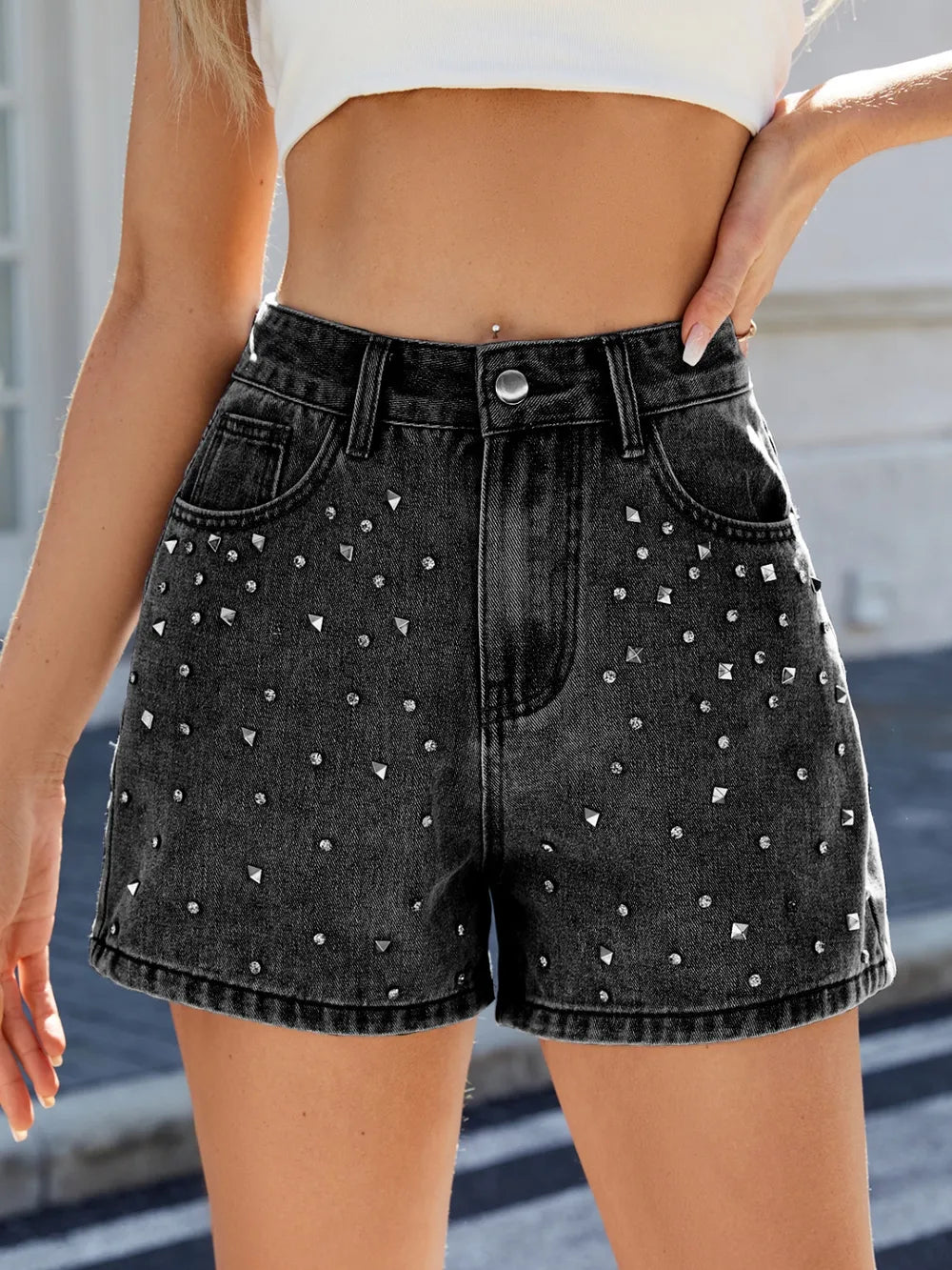 Short en Jean Taille Haute Strass Délavé