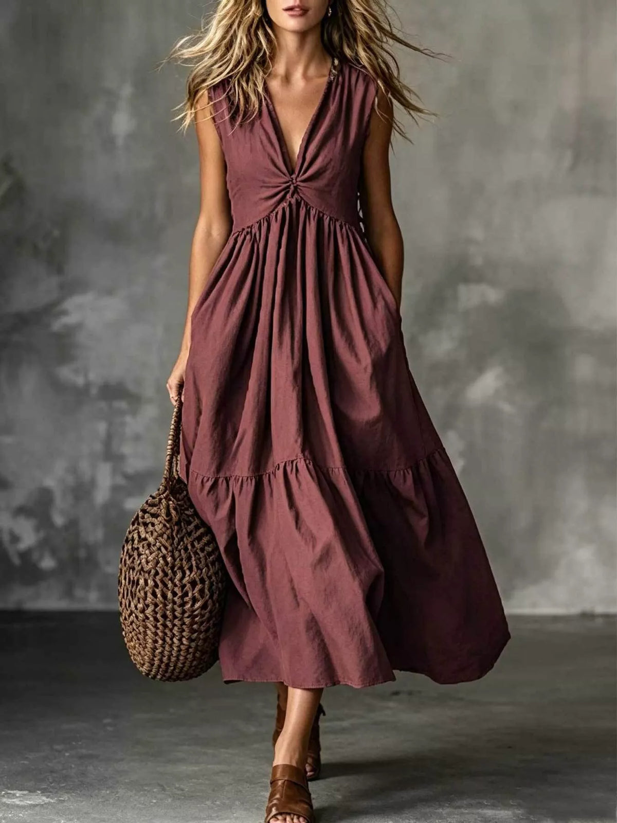 Robe Midi Col en V Torsadée à Étages