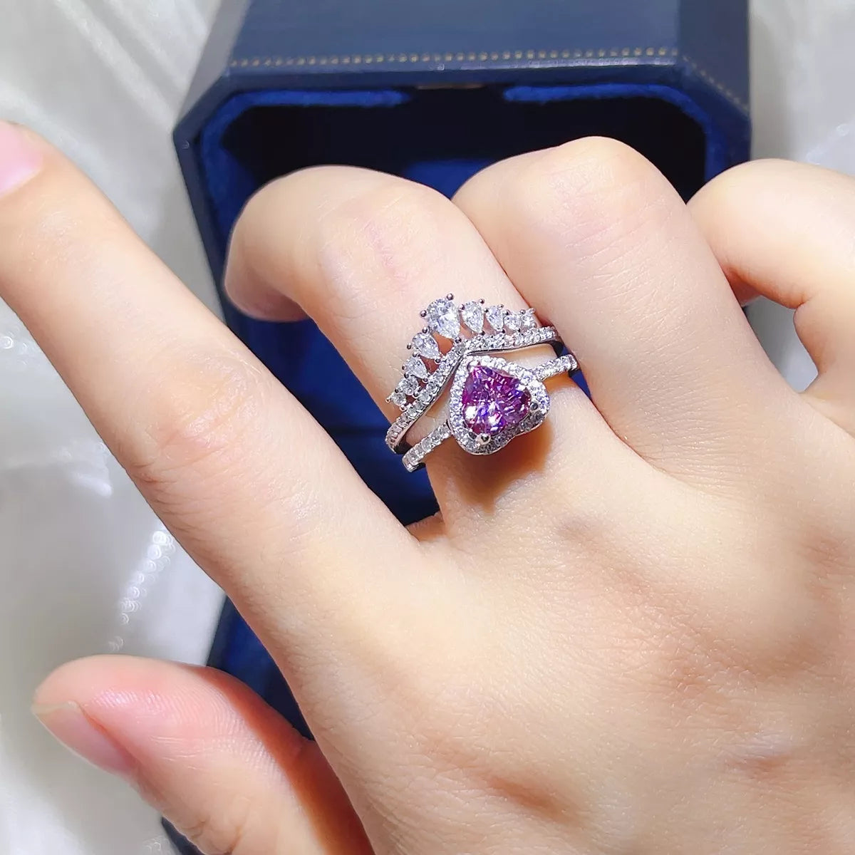 Ensemble 2 Bagues Moissanite 2 Carats Argent Sterling 925 – Cœur Violet Rosé
