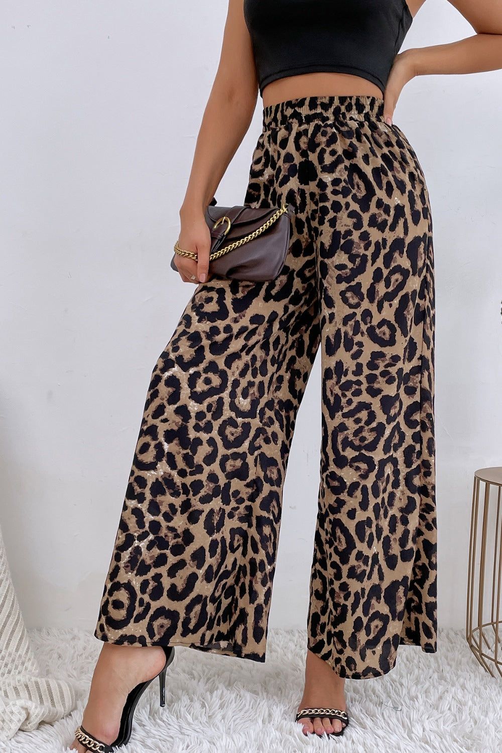 Pantalon Jambe Large Taille Haute Imprimé Léopard