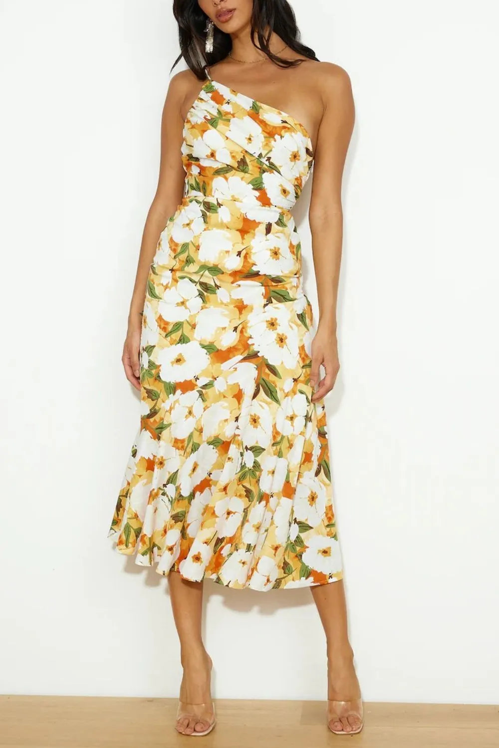 Robe Midi Froncée Imprimée Une Épaule – Fleurs Jaunes
