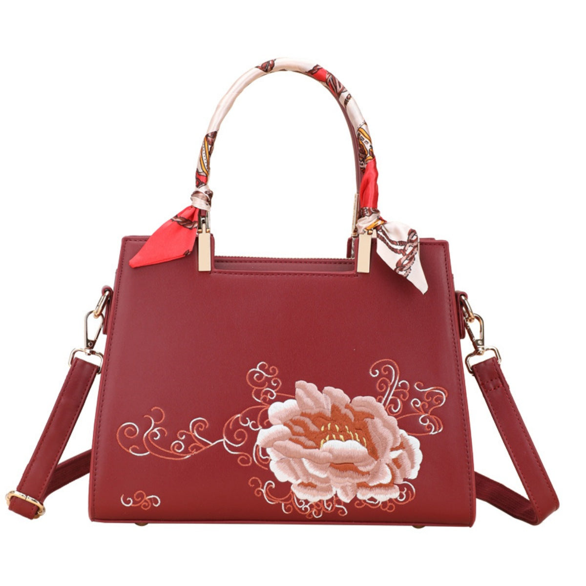 Sac à Main en Cuir Brodé de Fleurs à Poignée