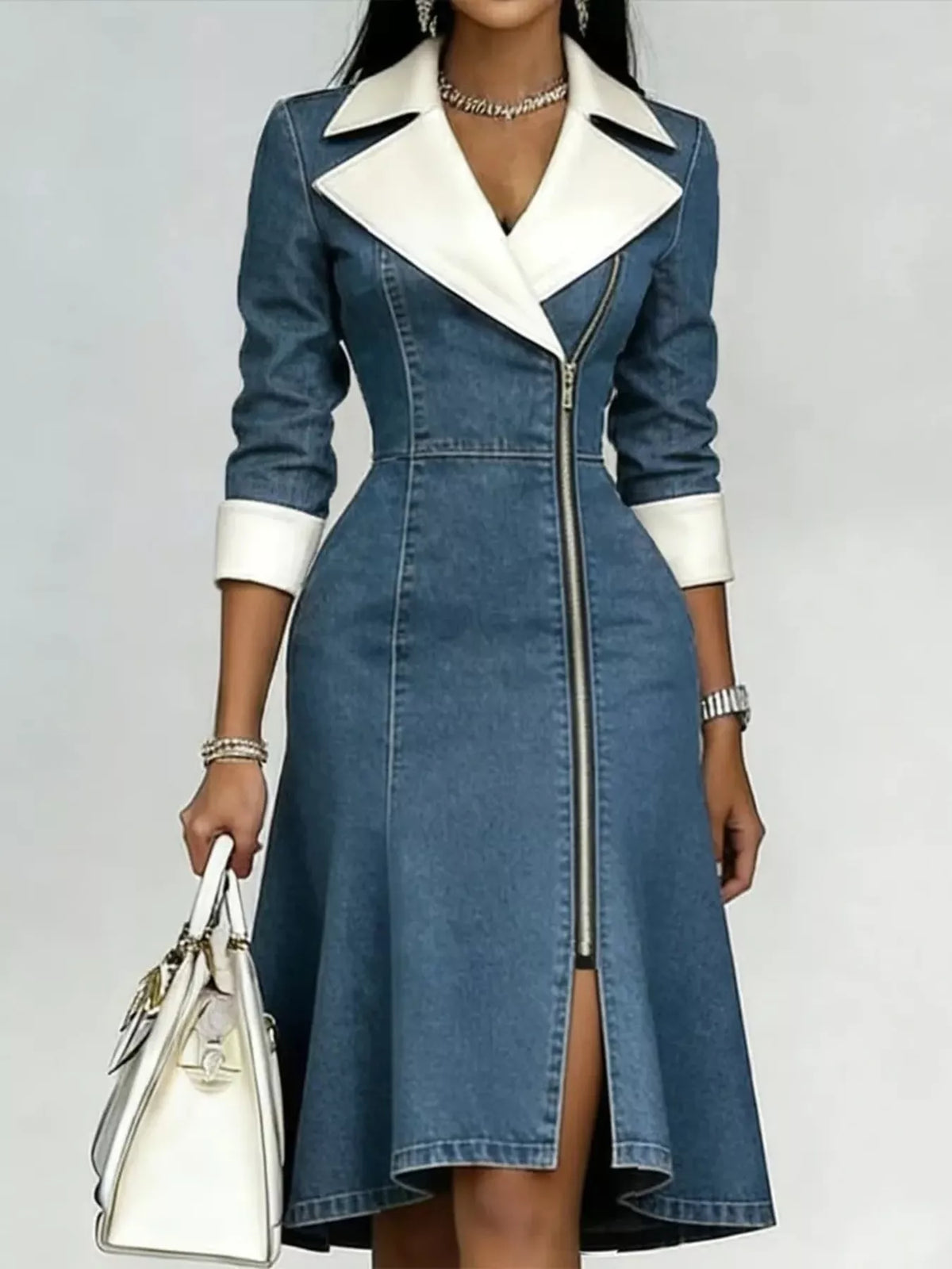 Robe en Jean Zippée à Revers Contrastés Grande Taille