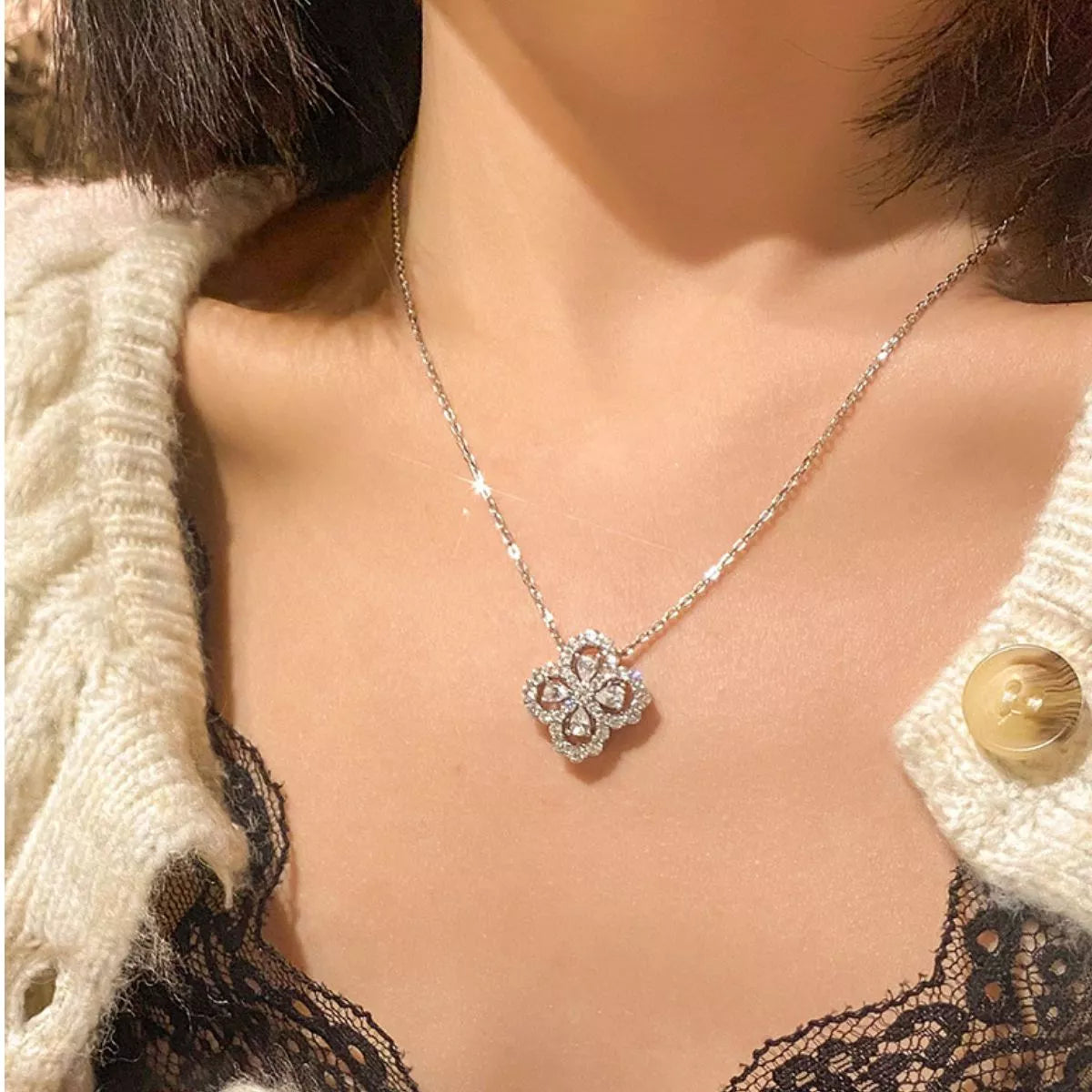 Collier Pendentif Trèfle Moissanite Argent Sterling 925