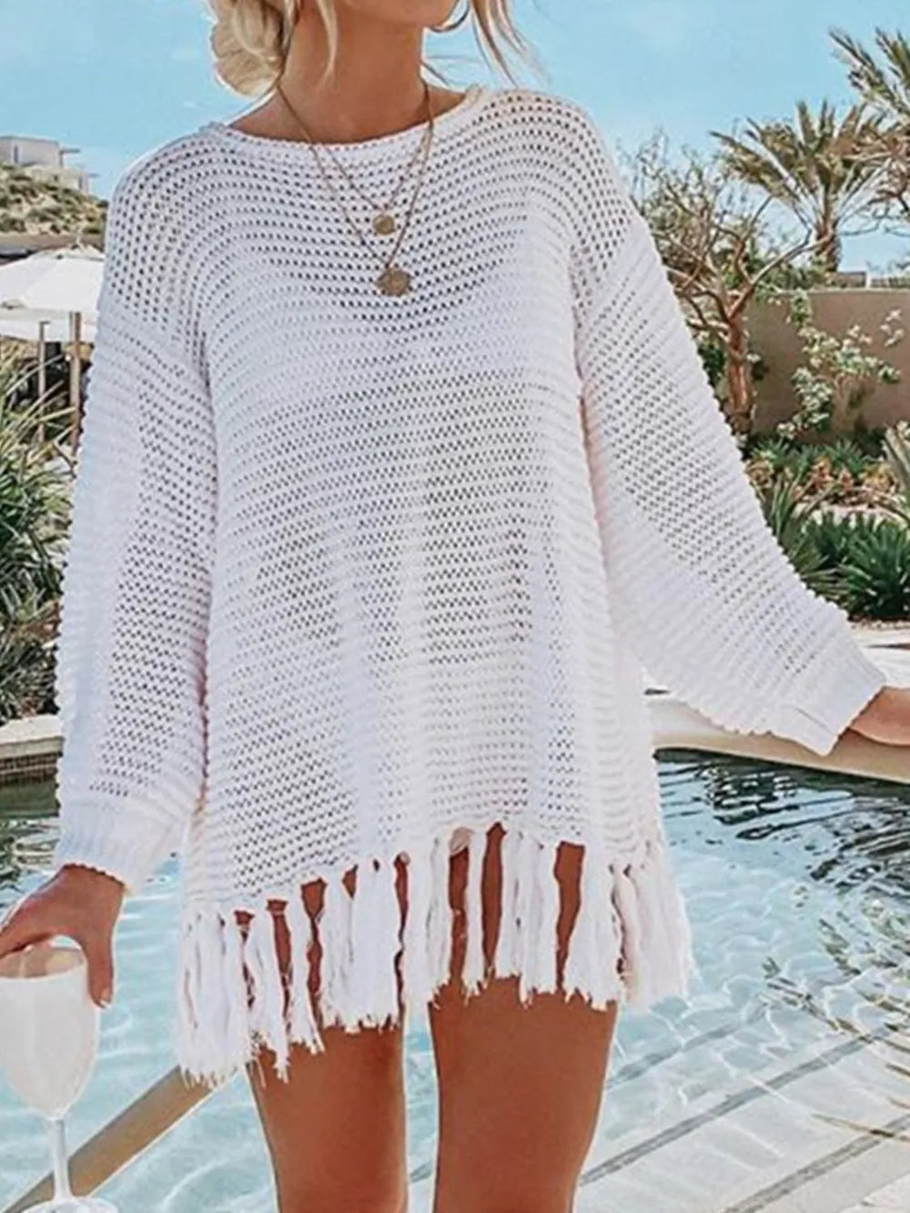 Cache-Maillot Tricot Ajouré Frangé Manches Longues