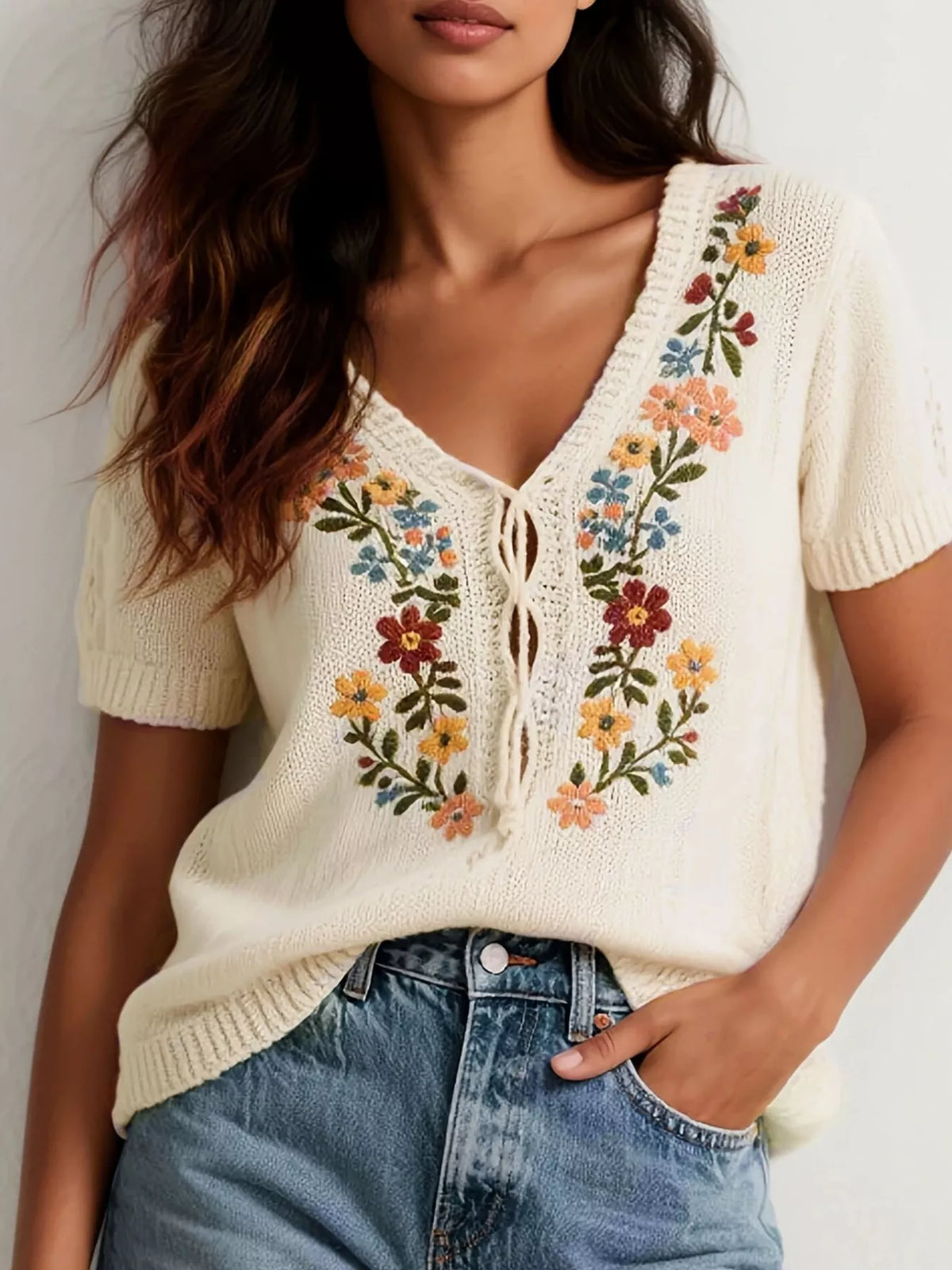 Pull Manches Courtes Brodé Floral
