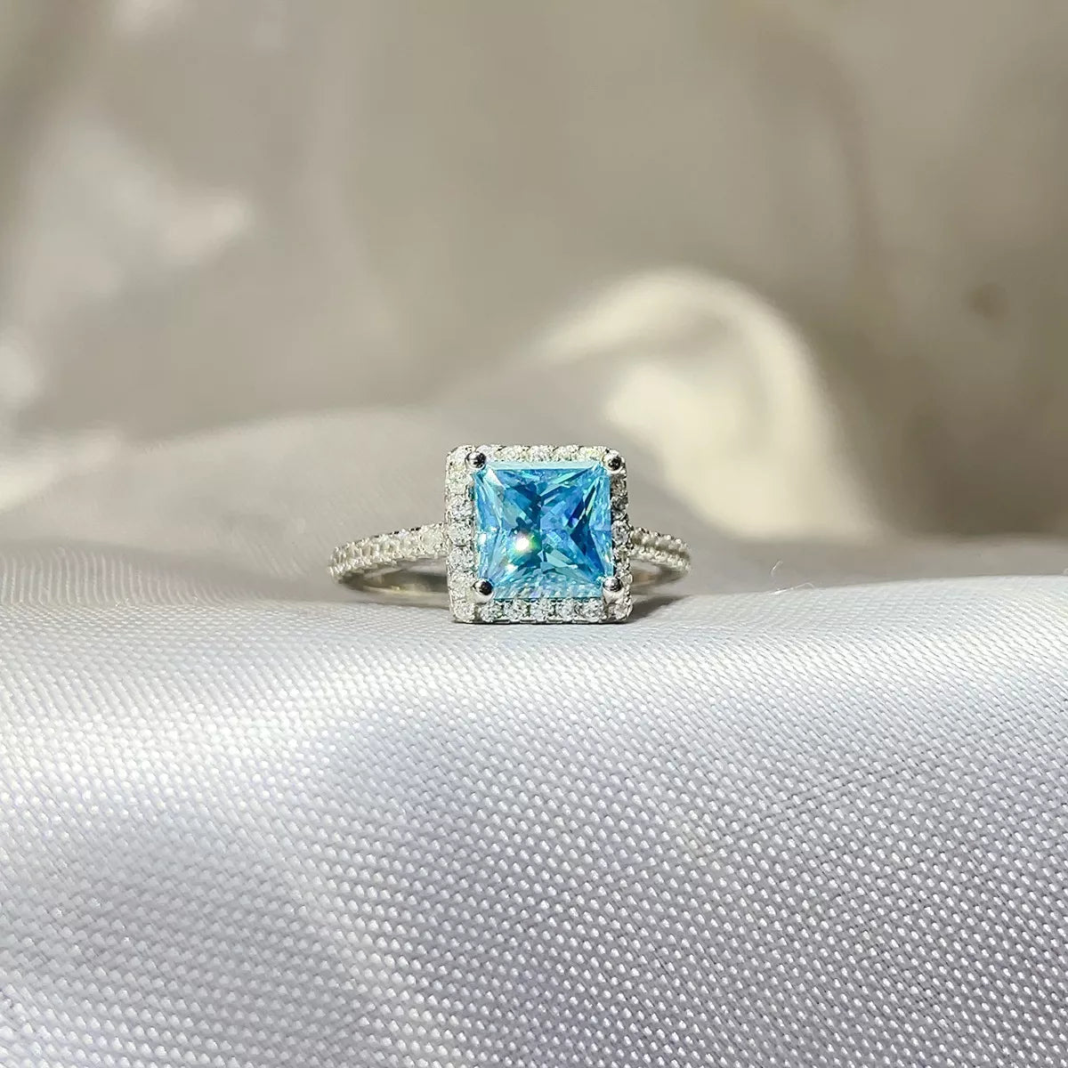 Bague Moissanite 2 Carats Argent Sterling 925 – Princesse Bleu Pastel