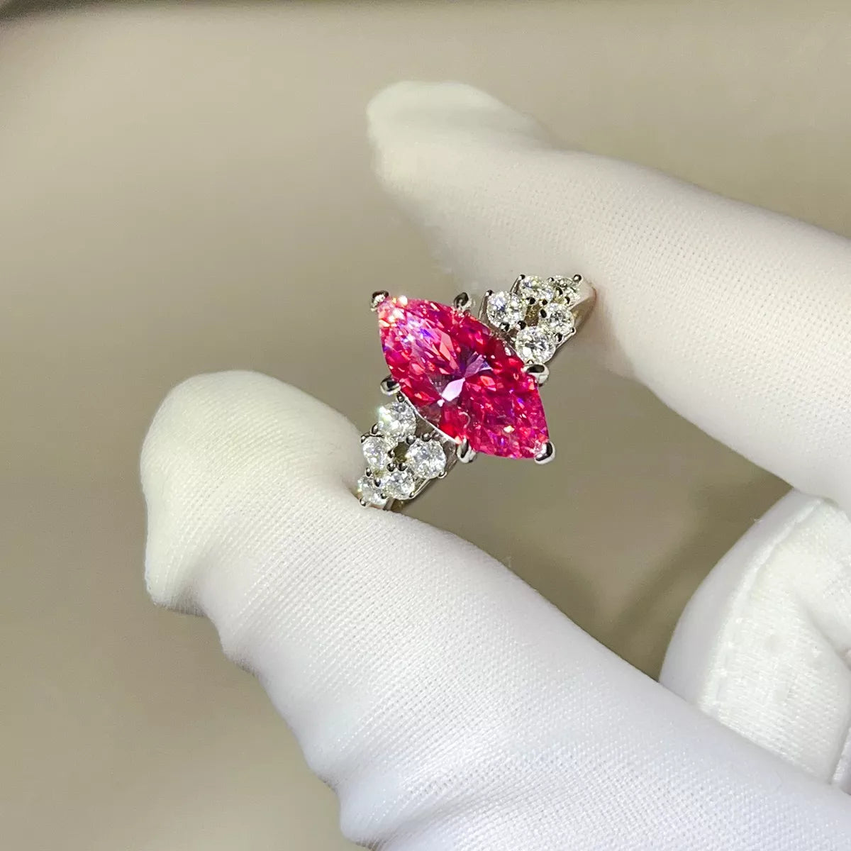 Bague Moissanite 5 Carats Argent Sterling 925 – Marquise Rose Fuchsia