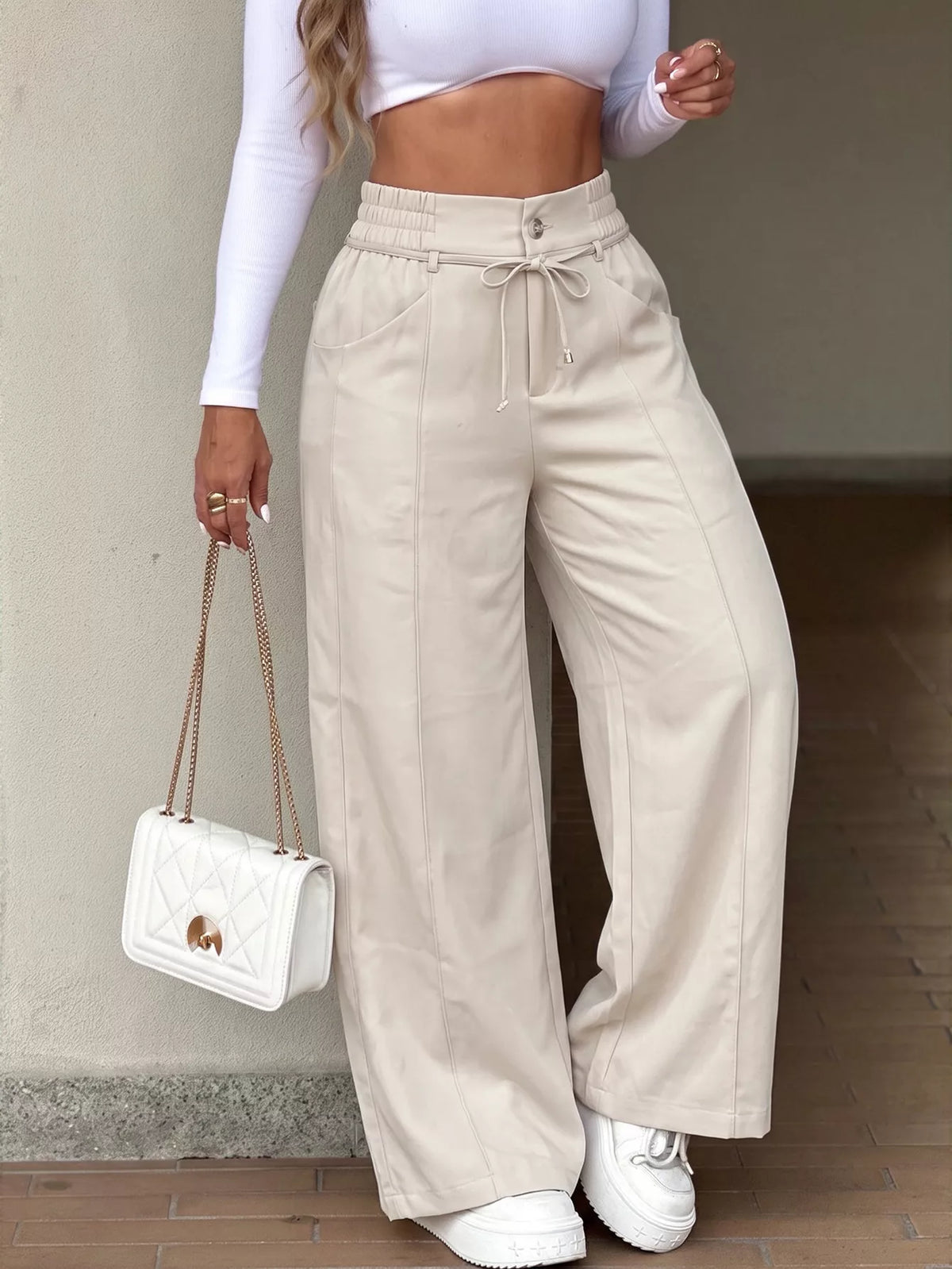Pantalon Large Taille Haute – Abricot