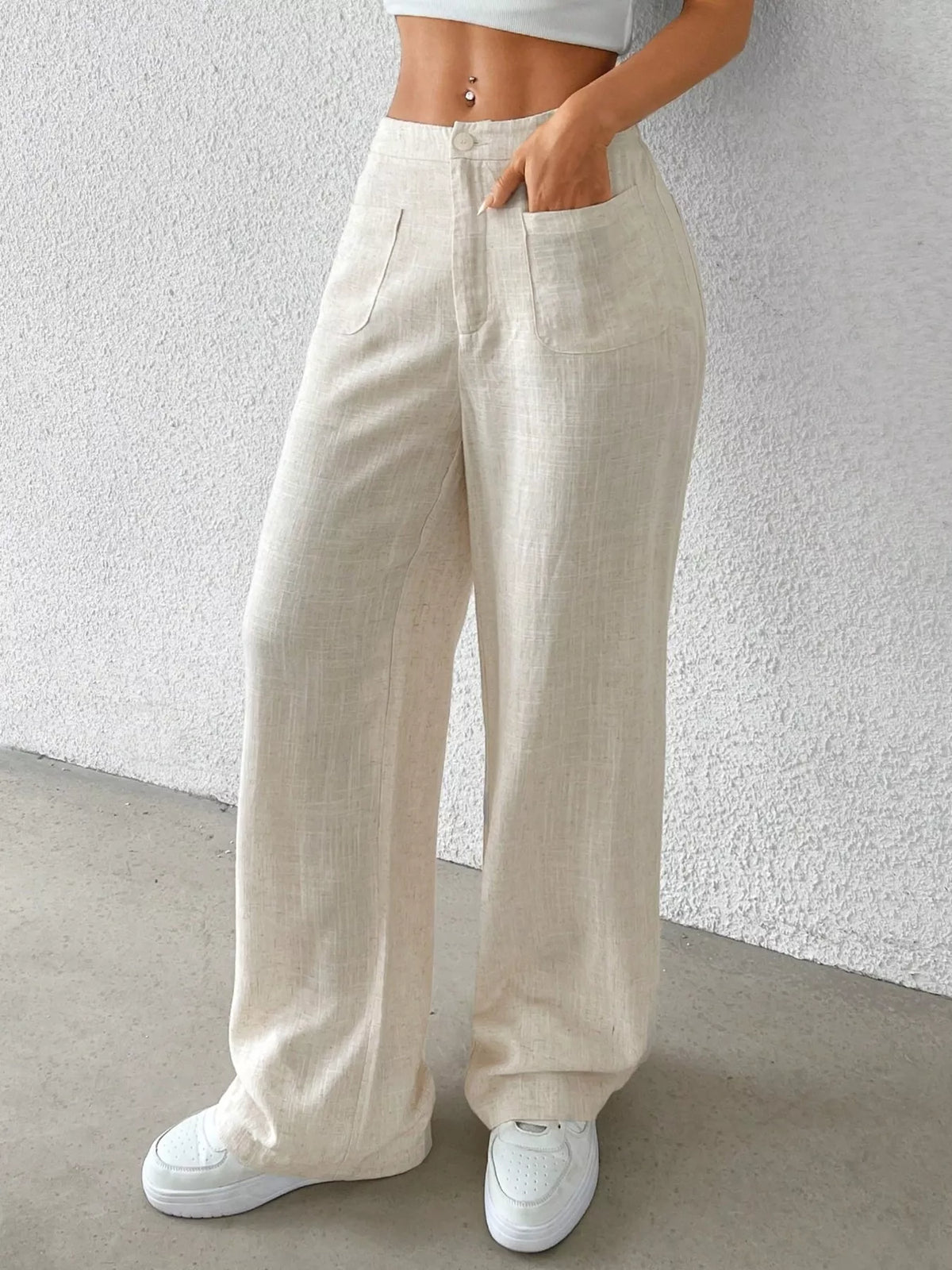 Pantalon Large Taille Haute – Crème