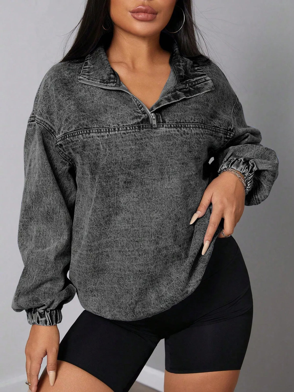 Haut en Jean Zip Col Montant Bord Élastique