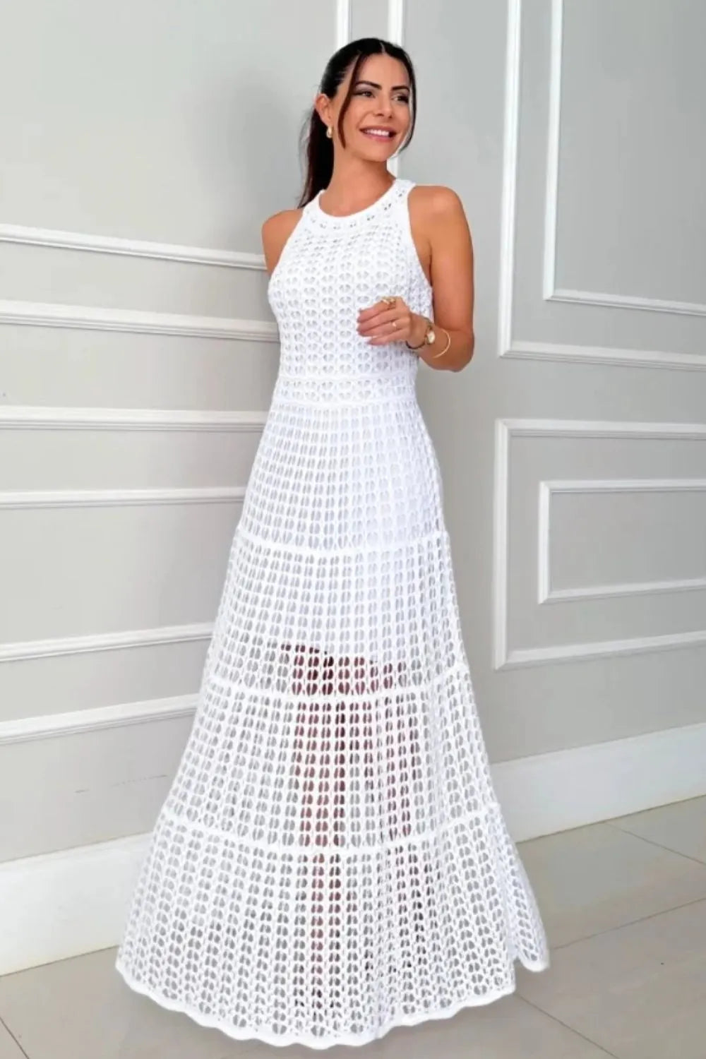 Robe Maxi Ajourée Sans Manches Découpée