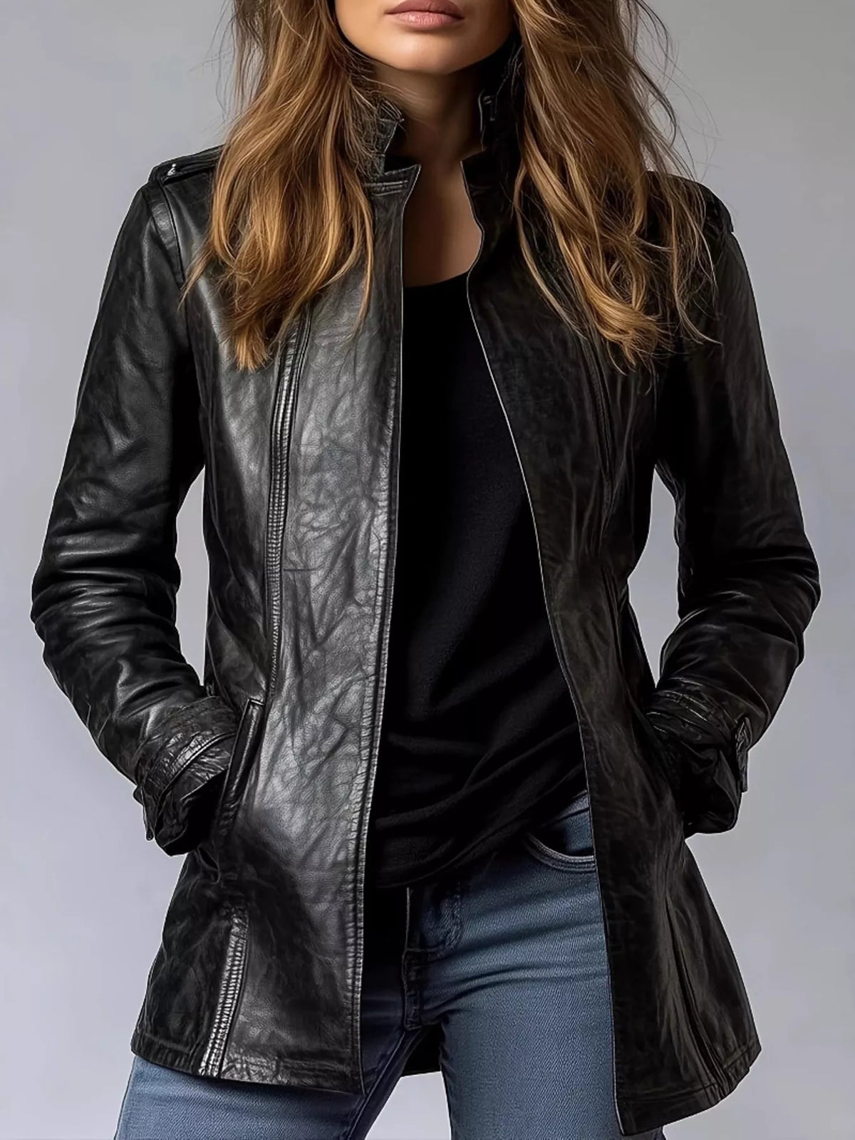 Veste Motard en Cuir Manches Longues