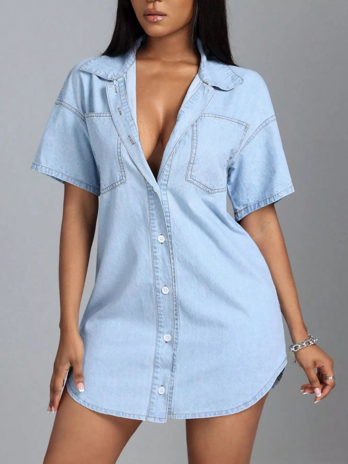 Robe en Jean Boutonnée Manches Courtes
