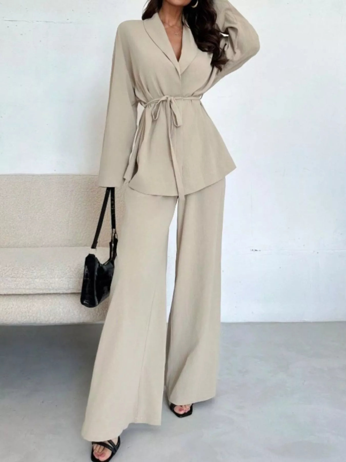 Ensemble Top Texturé Ceinturé et Pantalon Large