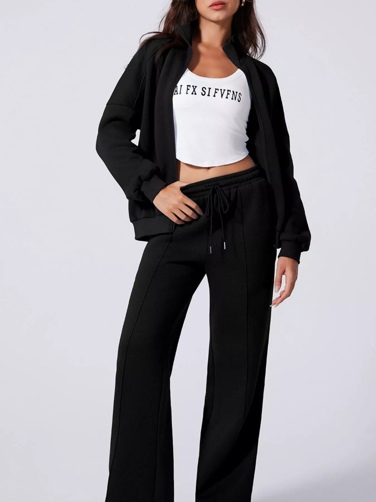 Ensemble Sport Veste Zippée Épaules Tombantes et Pantalon Cordon