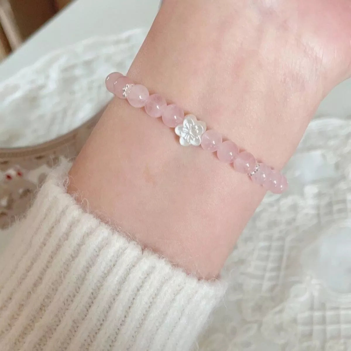 Bracelet Fleur Perles Cristal Argent Sterling 925