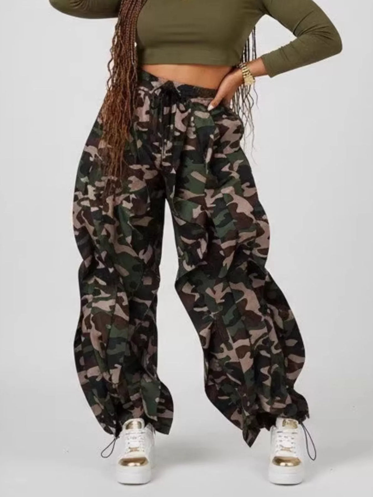 Pantalon Cargo Imprimé Taille à Cordon