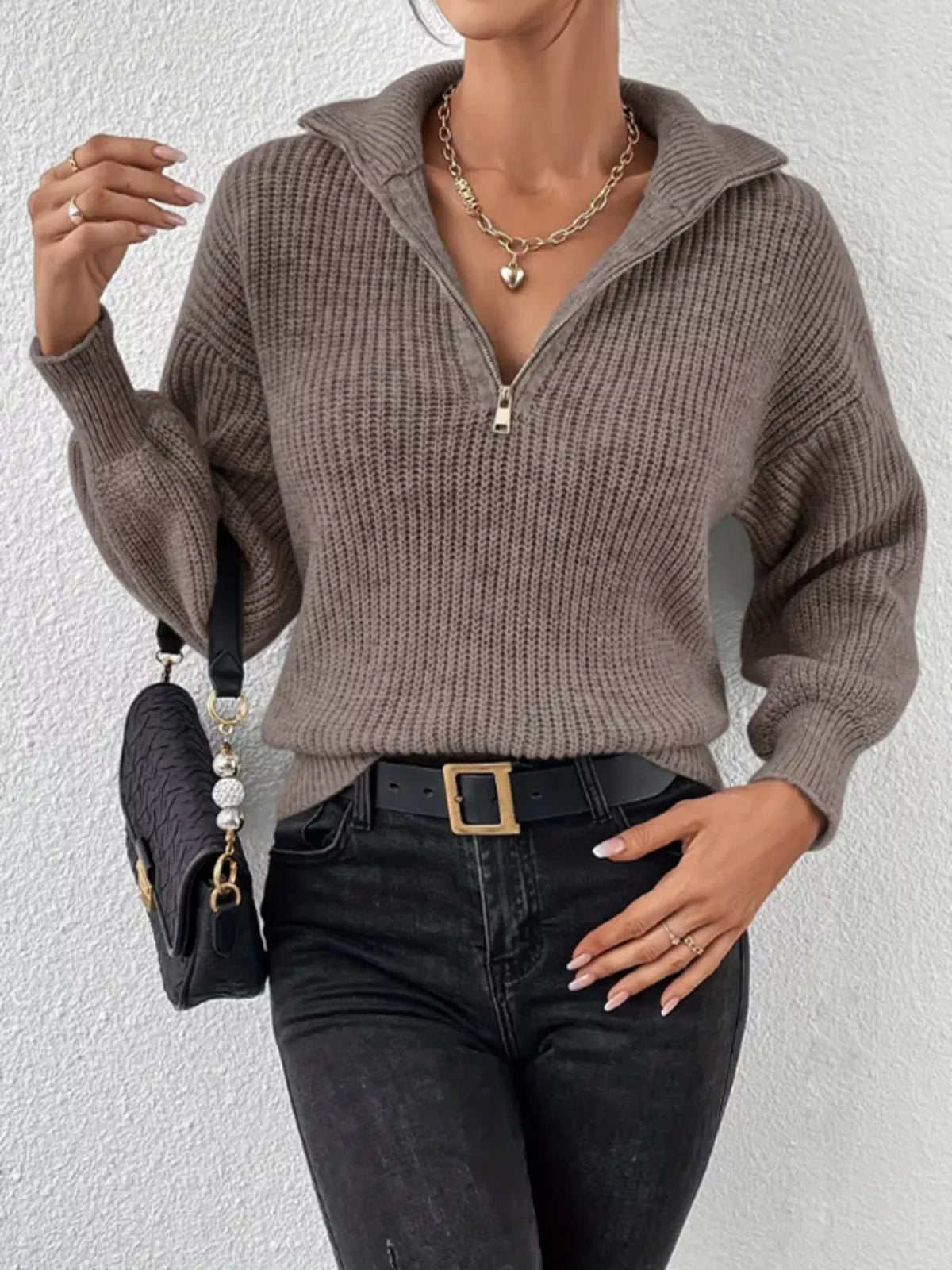 Pull Demi-Zip Épaules Tombantes