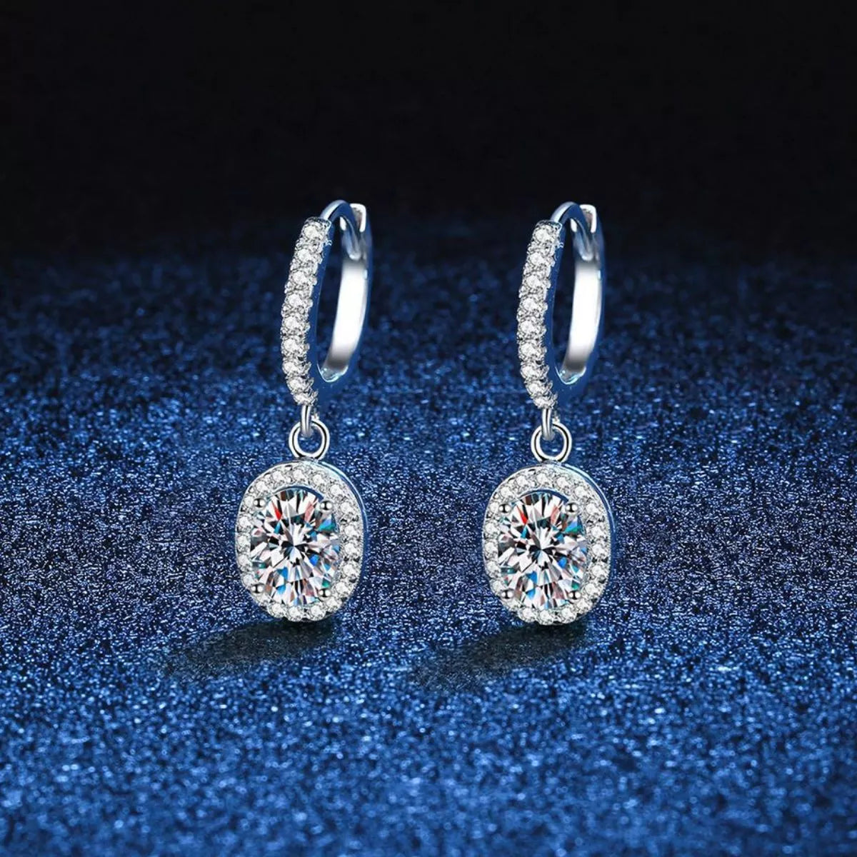 Boucles d'Oreilles Pendantes Moissanite 1 Carat Argent Sterling 925 – Ovale Halo