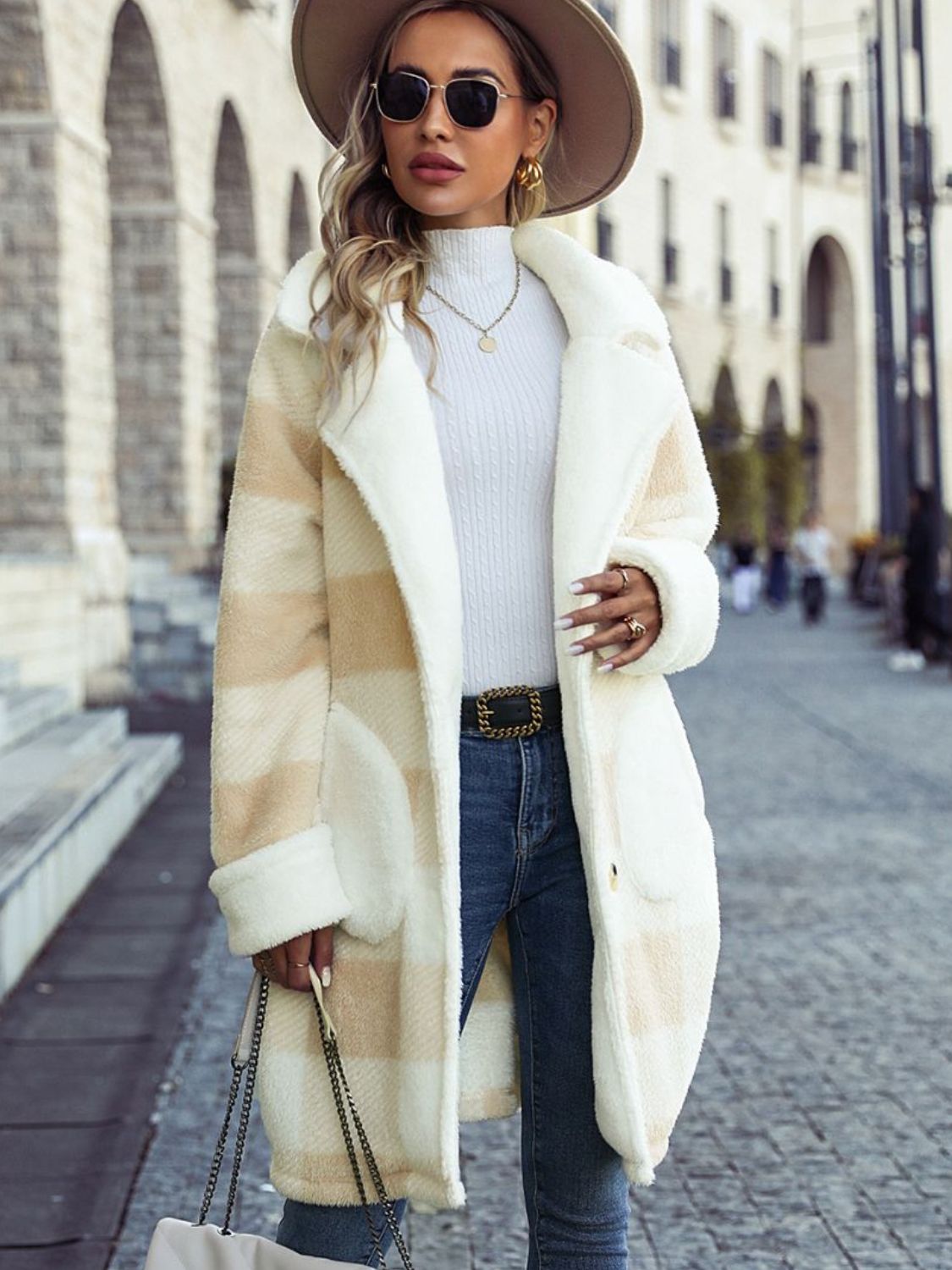 Manteau à Carreaux Boutonné Poches