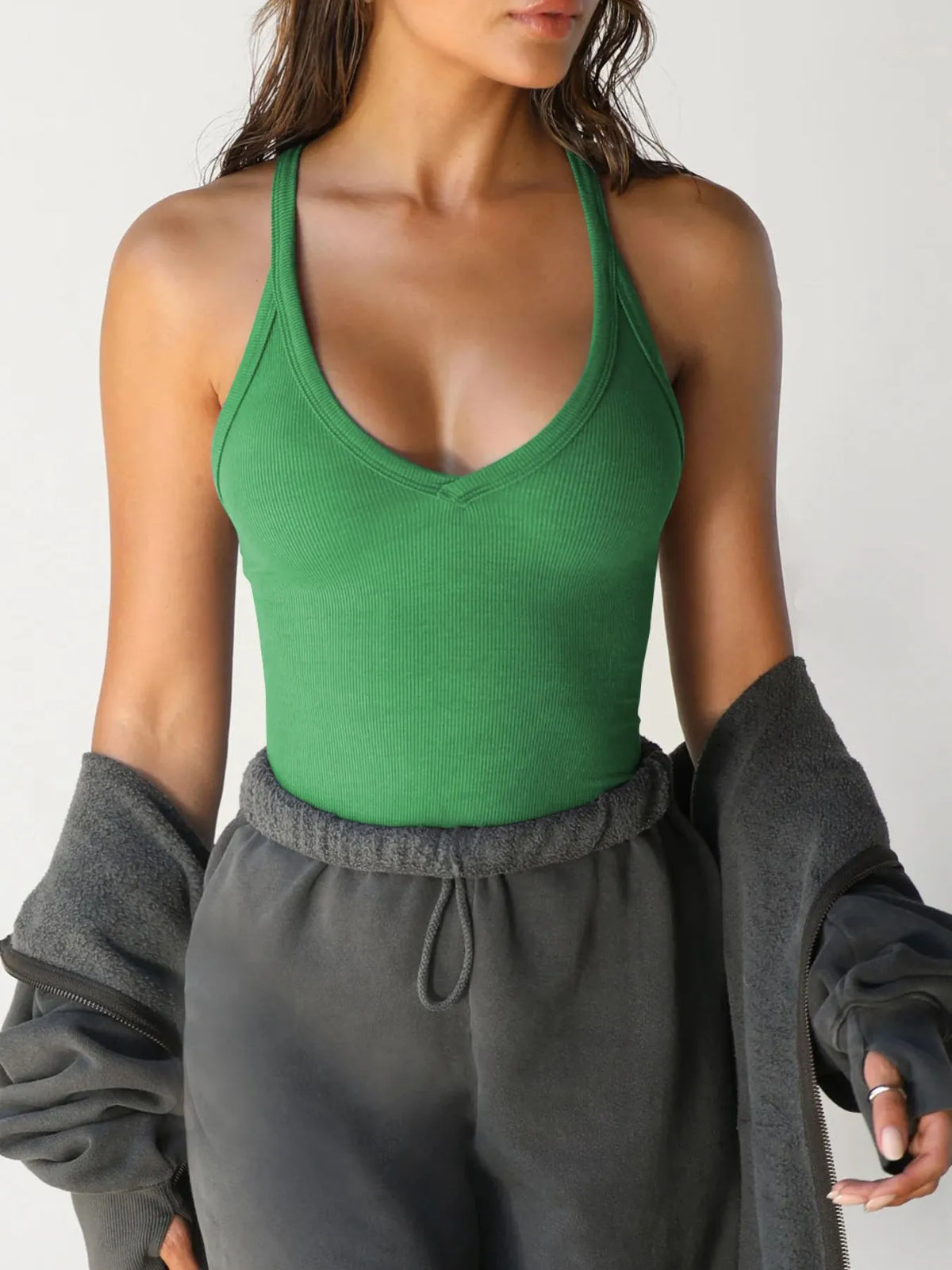 Débardeur Côtelé Col V Halter – Modèle Alba