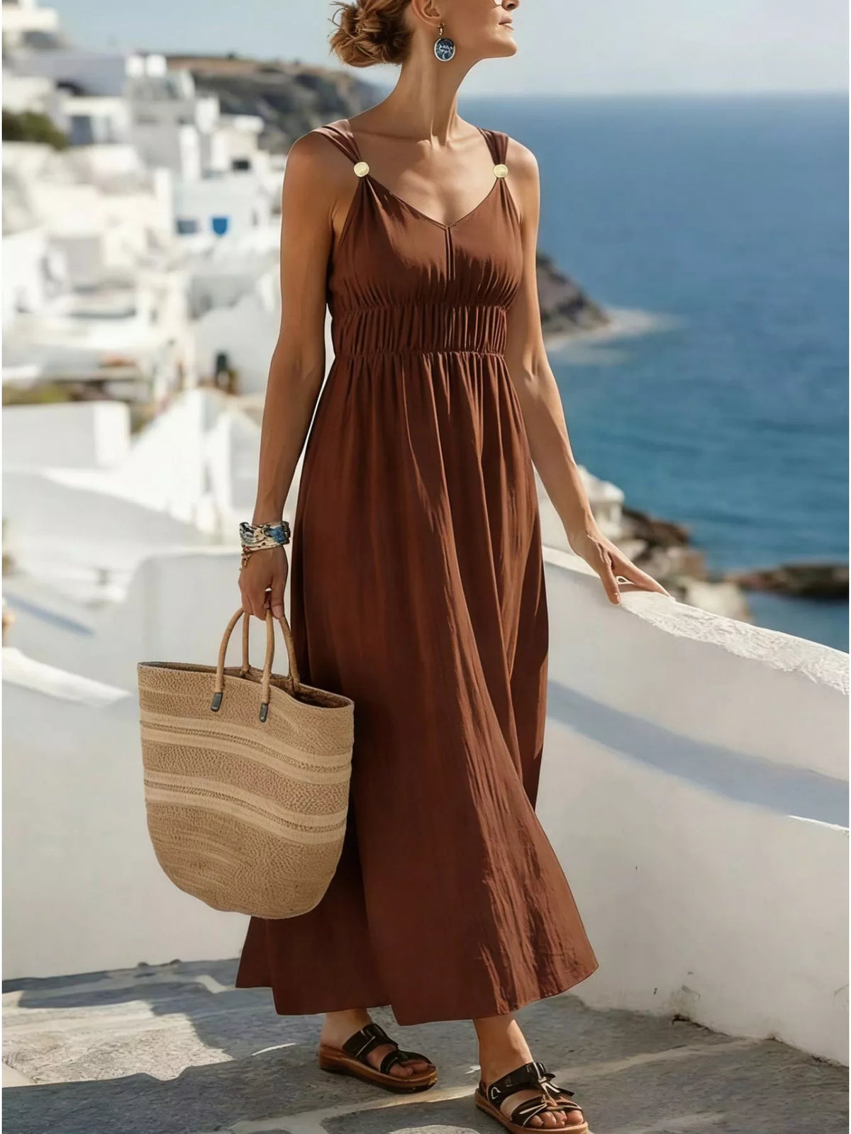 Robe Maxi Col en V Sans Manches