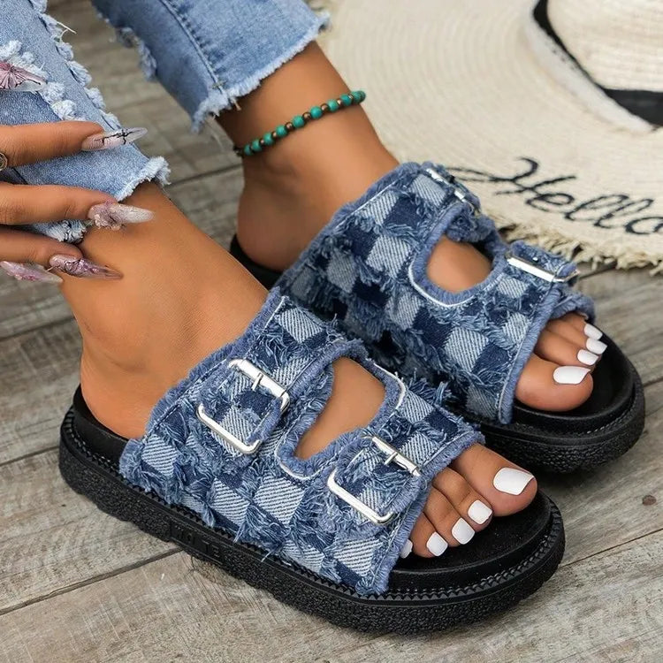 Sandales Boucle Tissu à Carreaux Bord Brut