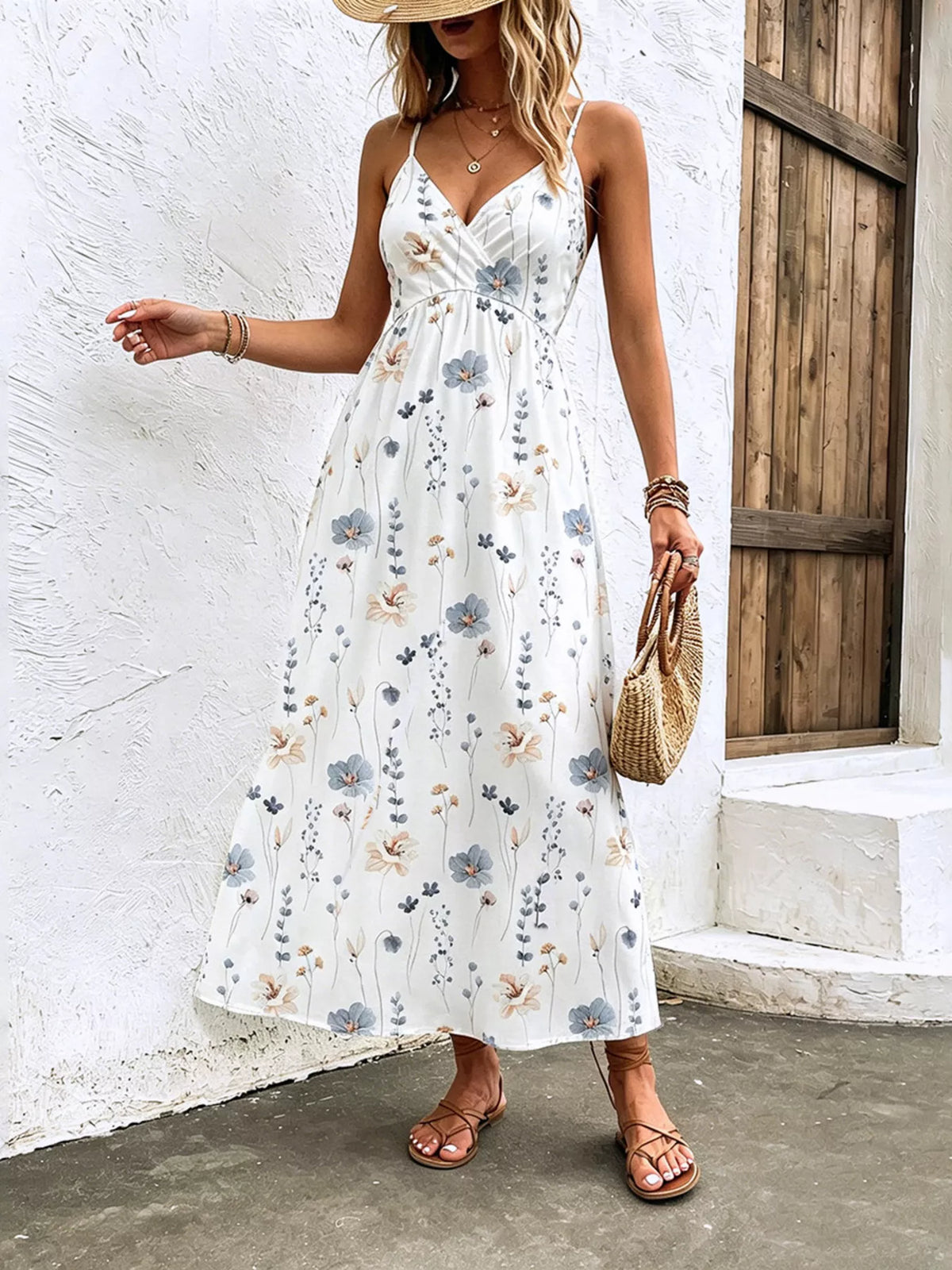Robe Midi Imprimée Fleurs Bretelles Fines