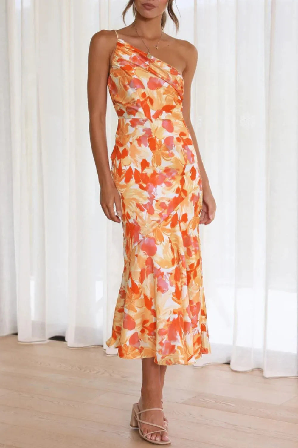 Robe Midi Asymétrique Froncée Imprimée – Mandarine