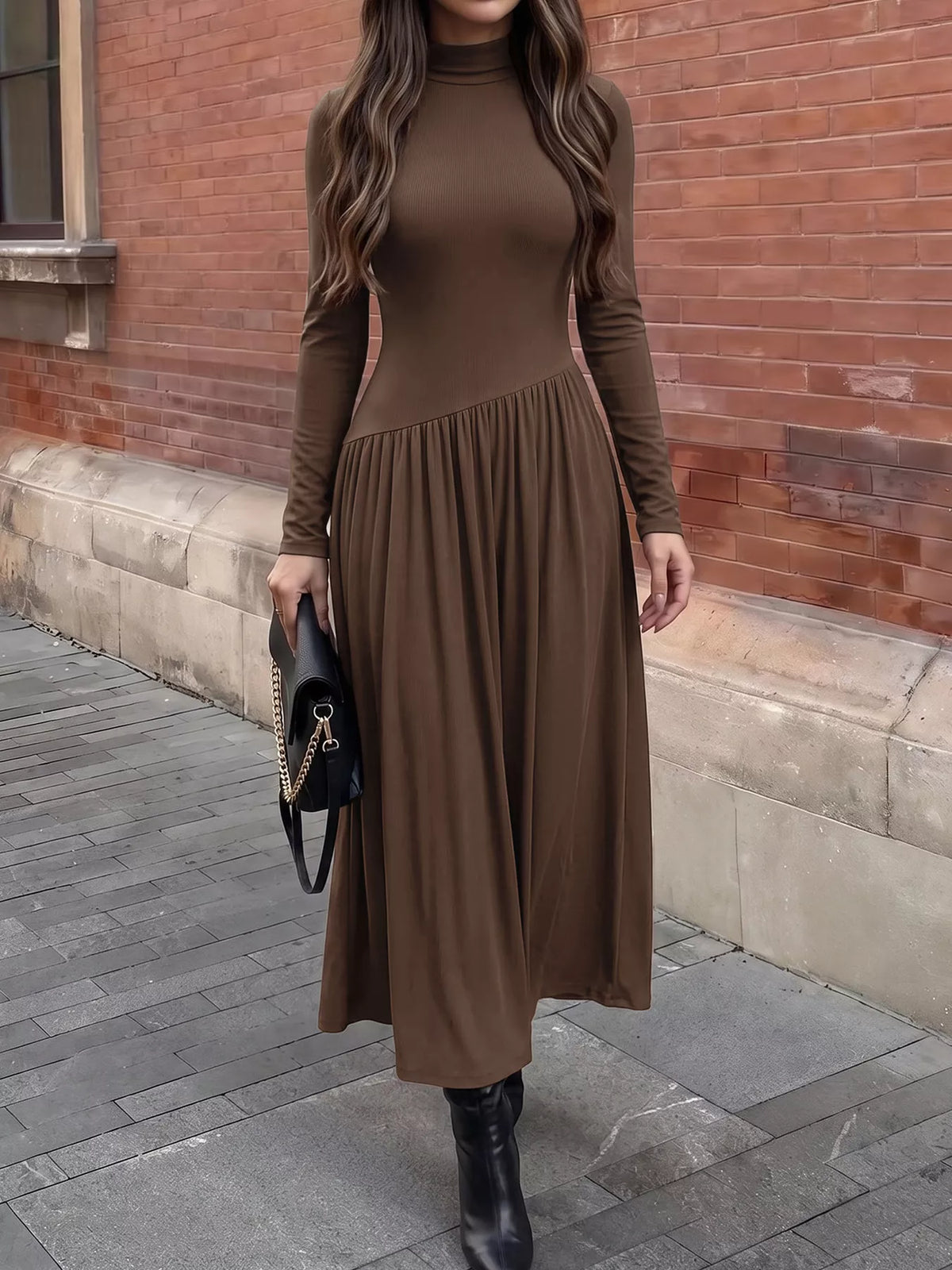 Robe Midi Col Montant Manches Longues